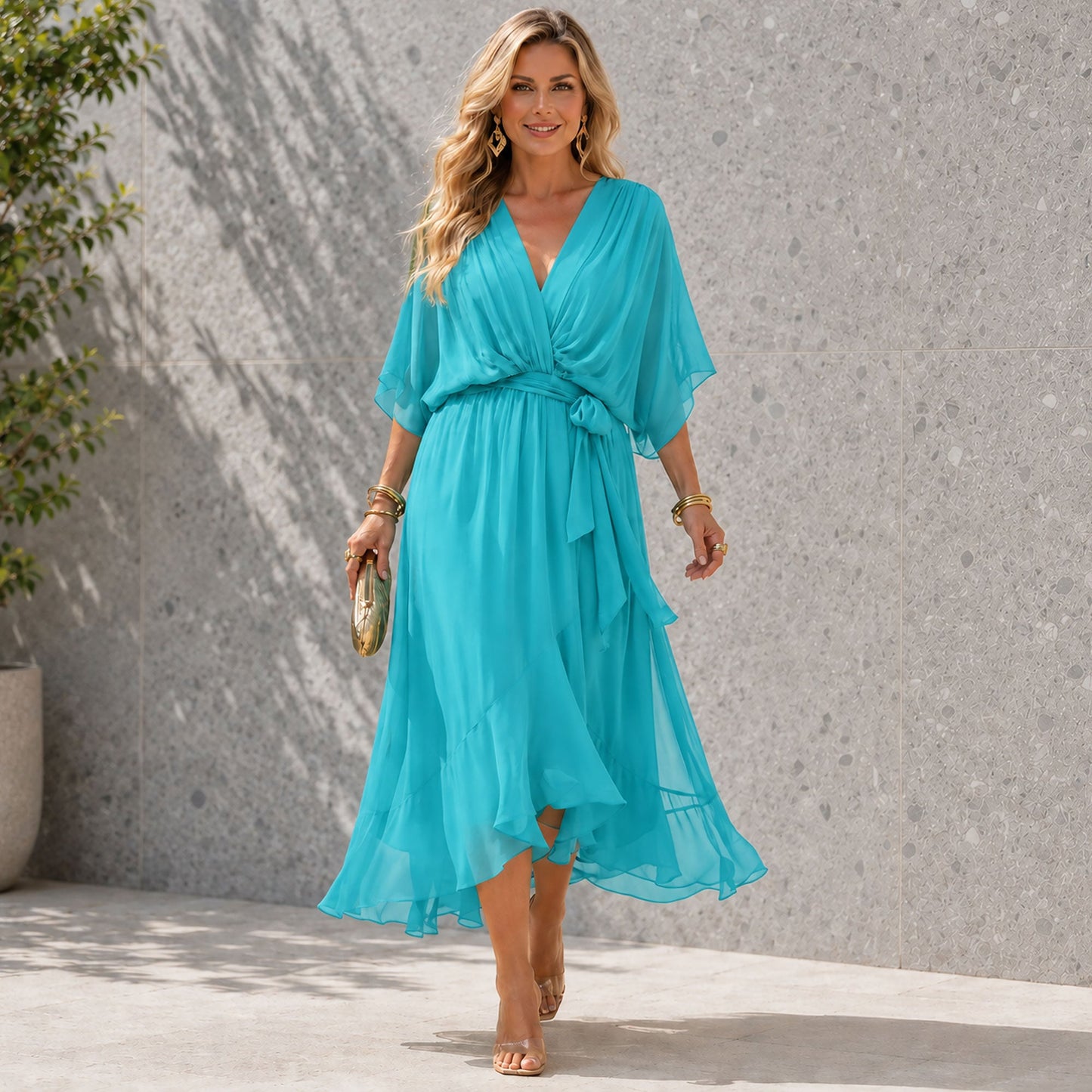 Women's Flowing Chiffon V-Neck Maxi Dress Klara