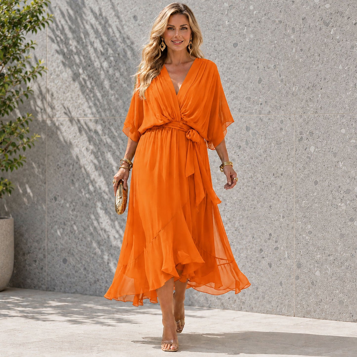 Women's Flowing Chiffon V-Neck Maxi Dress Klara