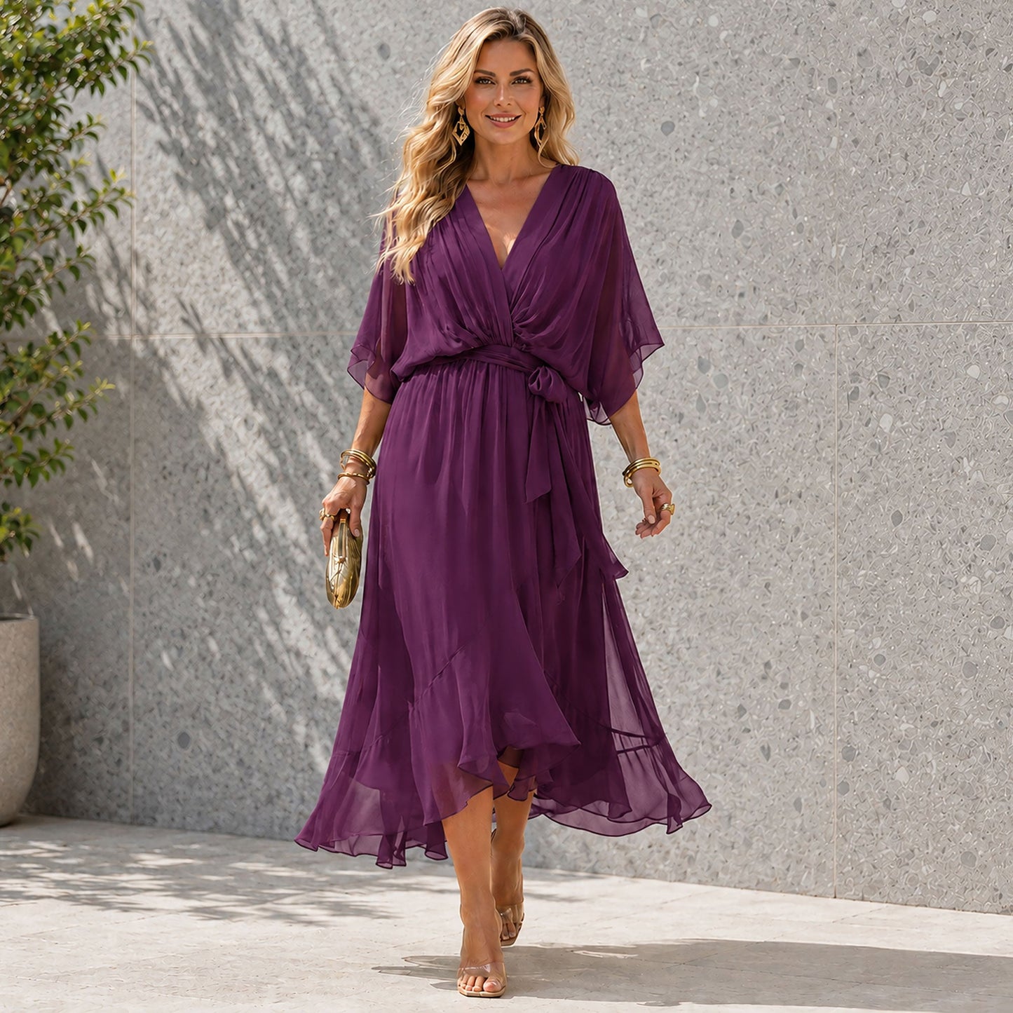 Women's Flowing Chiffon V-Neck Maxi Dress Klara