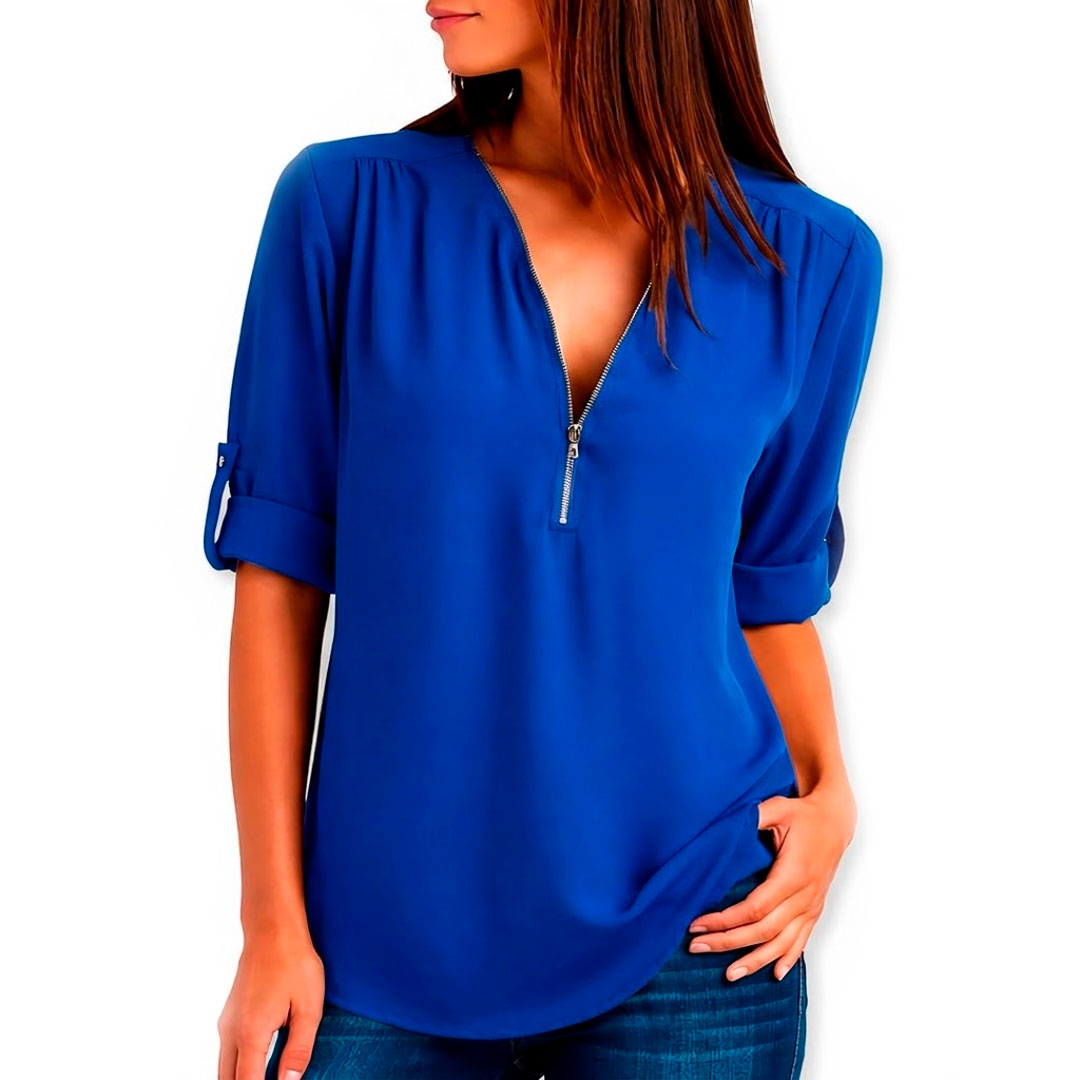 Women's Flowing V-Neck Blouse with Zip Klara