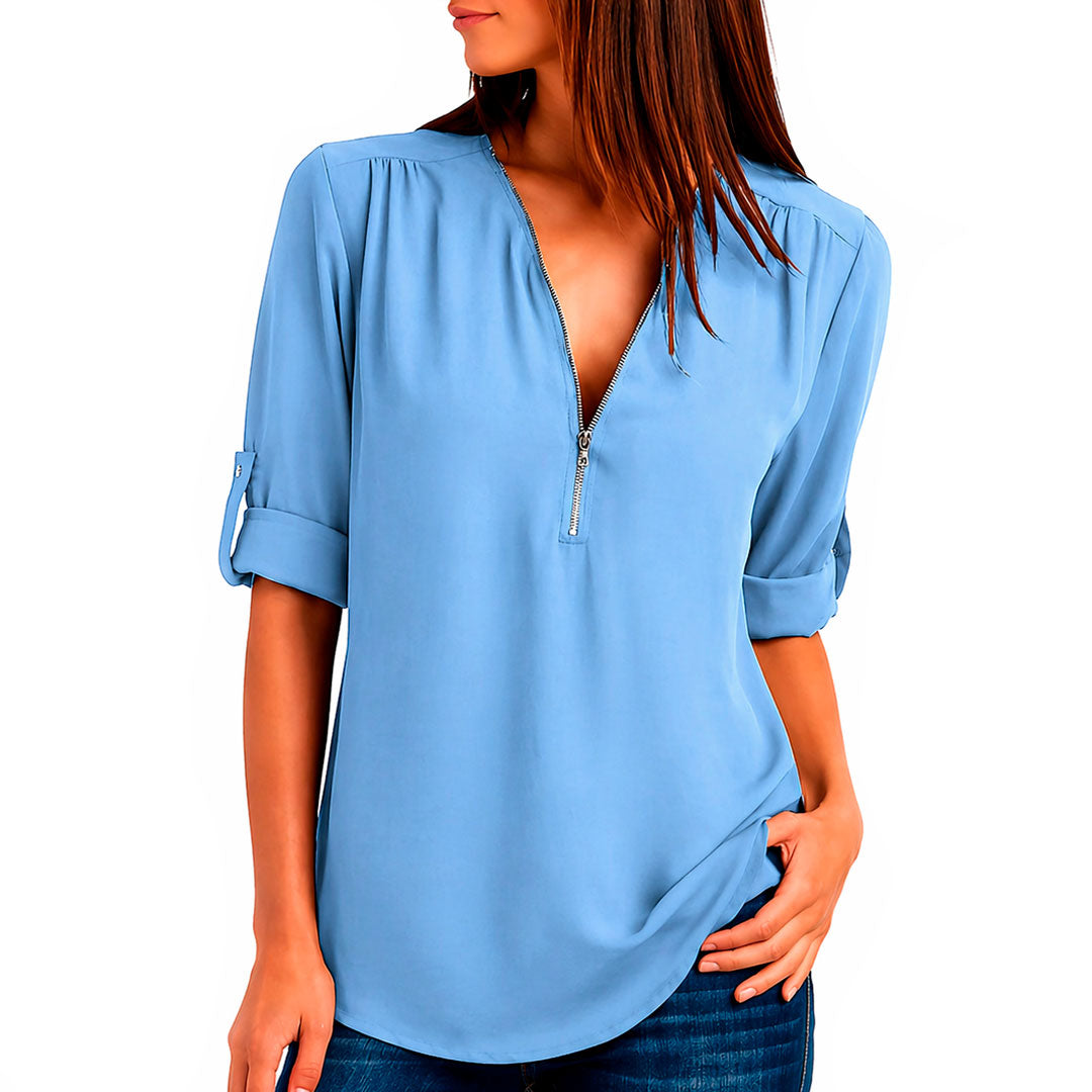 Women's Flowing V-Neck Blouse with Zip Klara