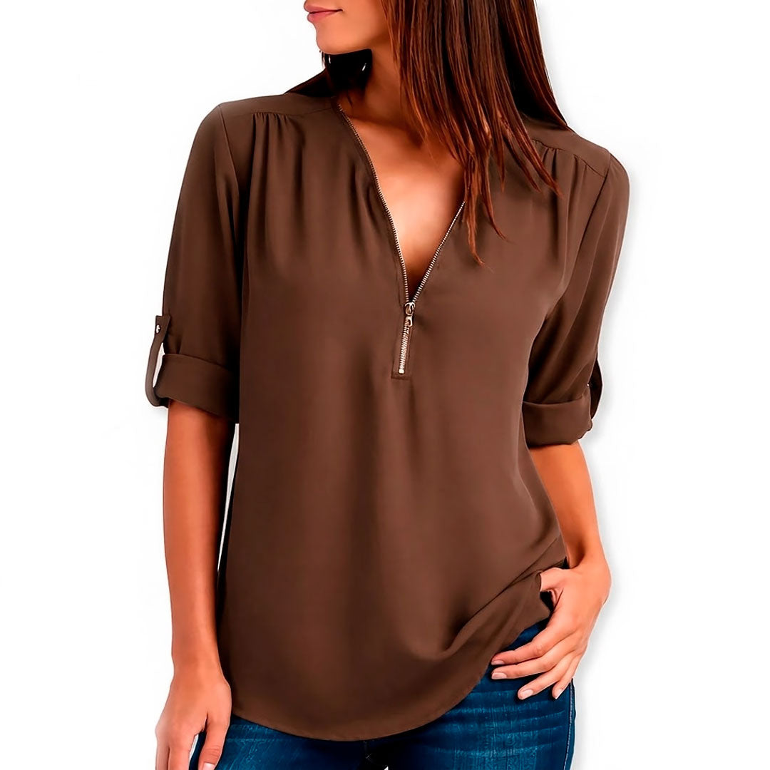 Women's Flowing V-Neck Blouse with Zip Klara