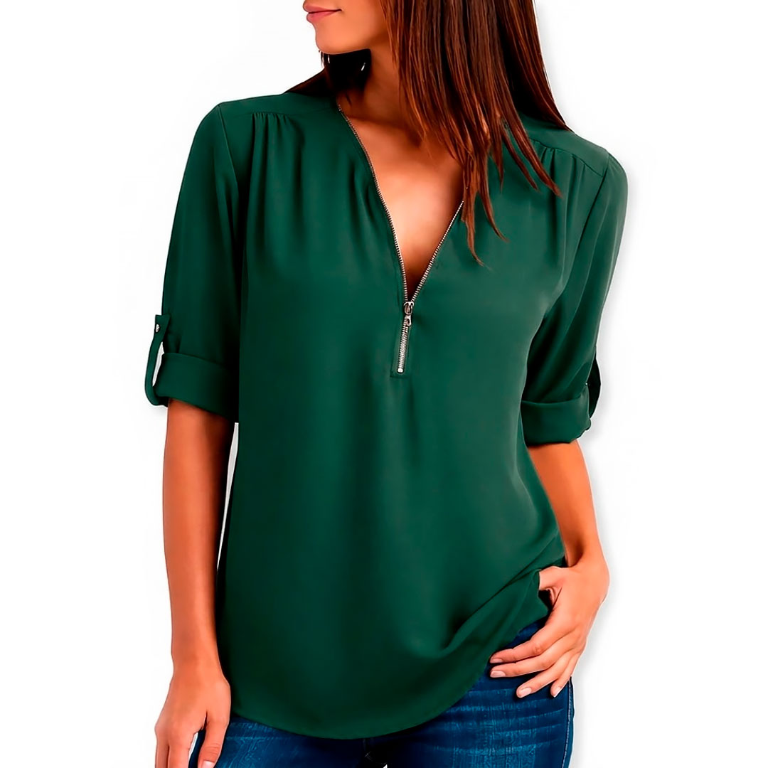 Women's Flowing V-Neck Blouse with Zip Klara
