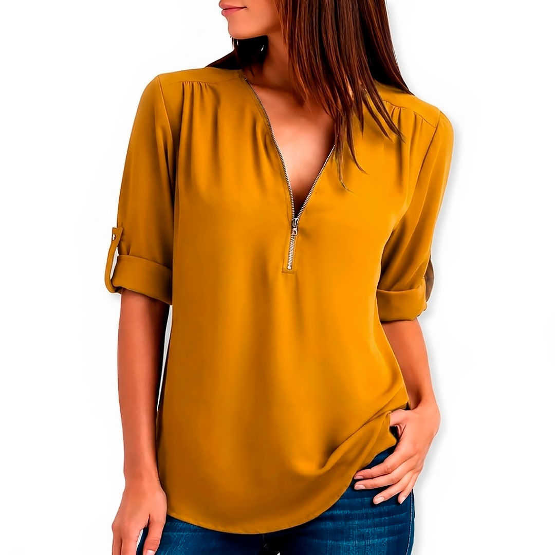 Women's Flowing V-Neck Blouse with Zip Klara