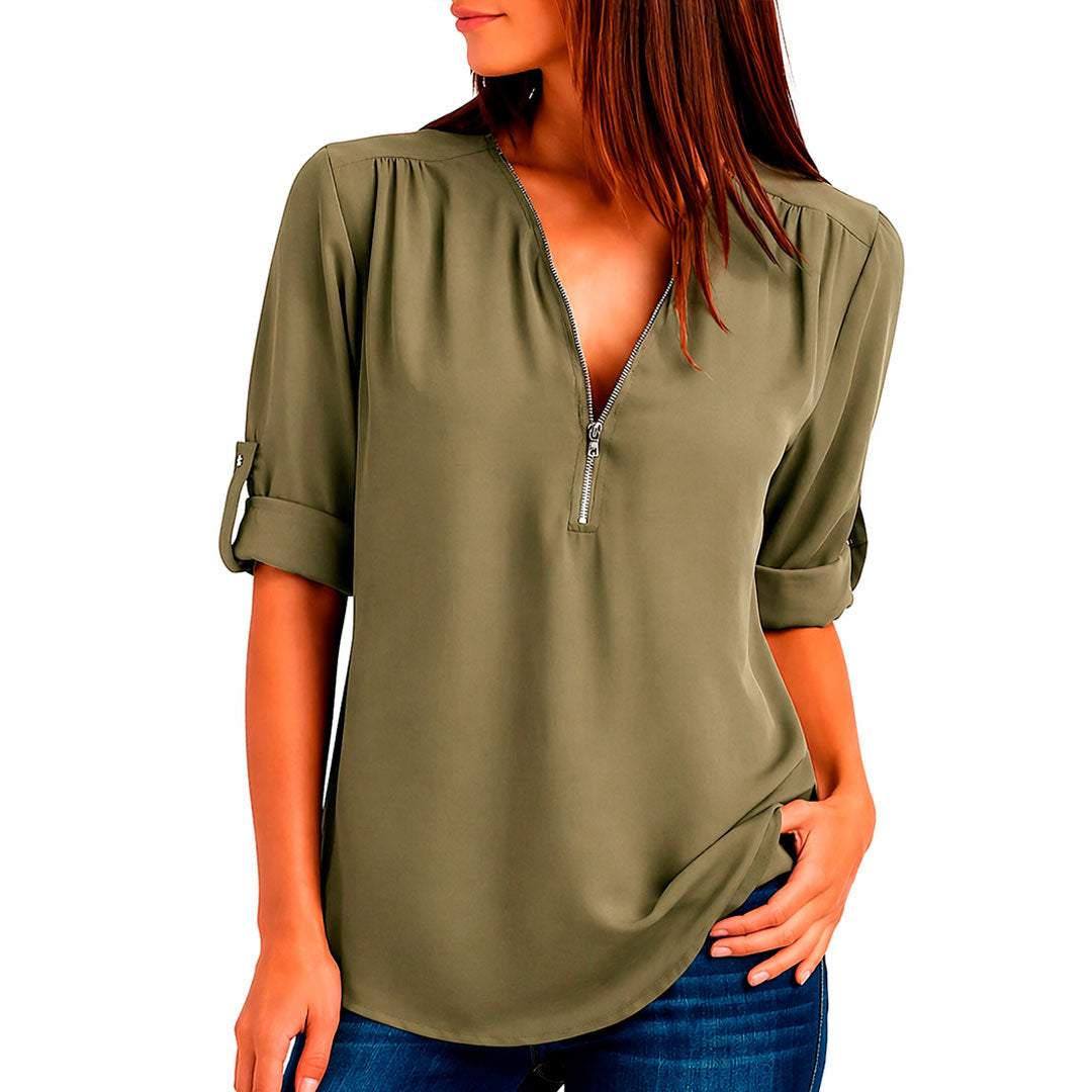 Women's Flowing V-Neck Blouse with Zip Klara