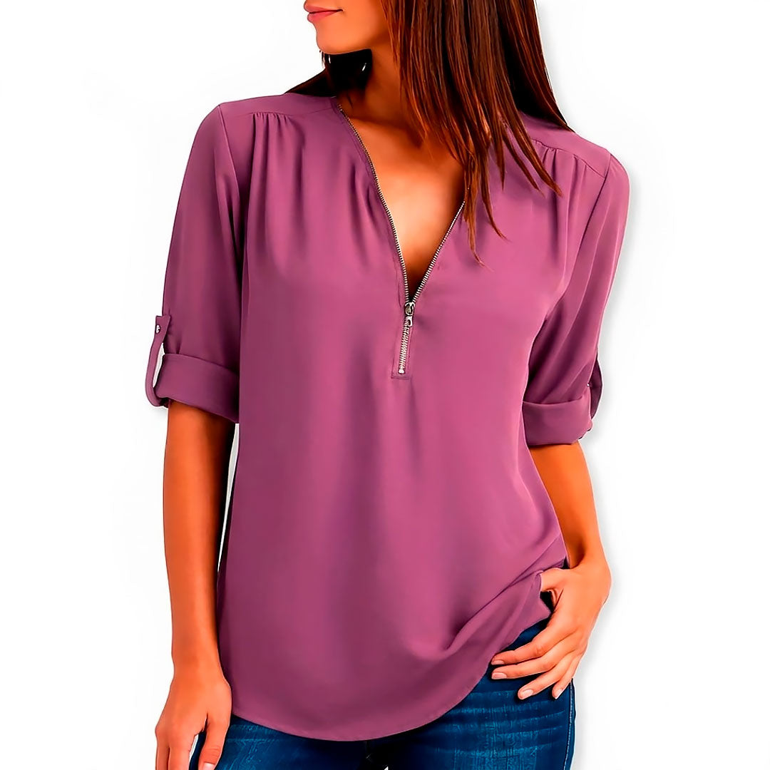 Women's Flowing V-Neck Blouse with Zip Klara