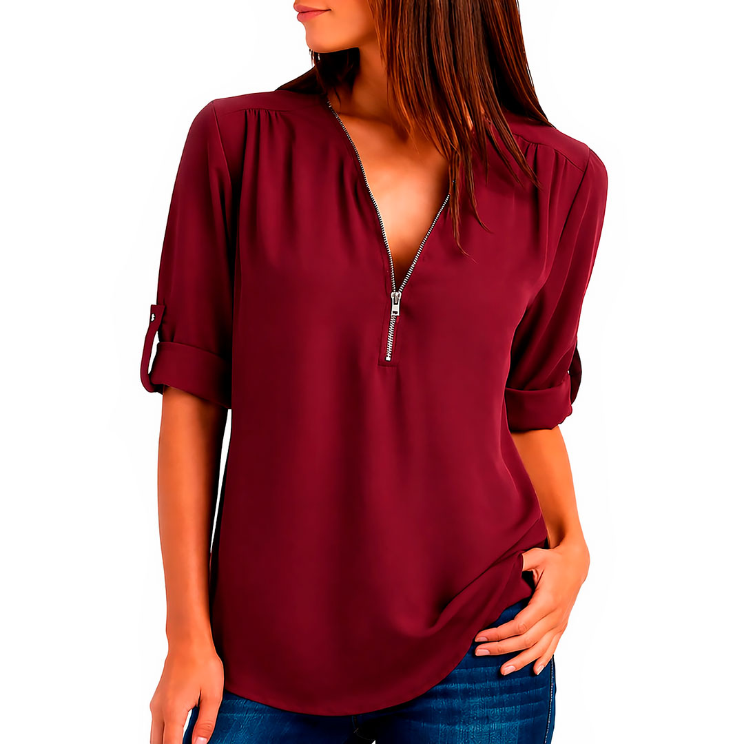 Women's Flowing V-Neck Blouse with Zip Klara