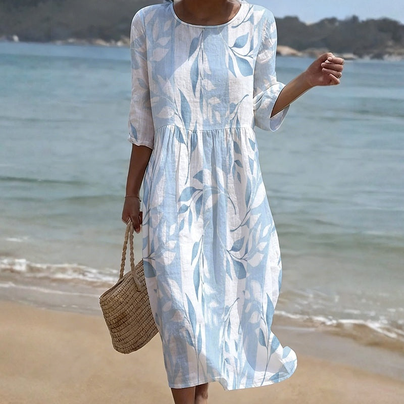 Women's Leaf Print Crew Neck Midi Dress Klara