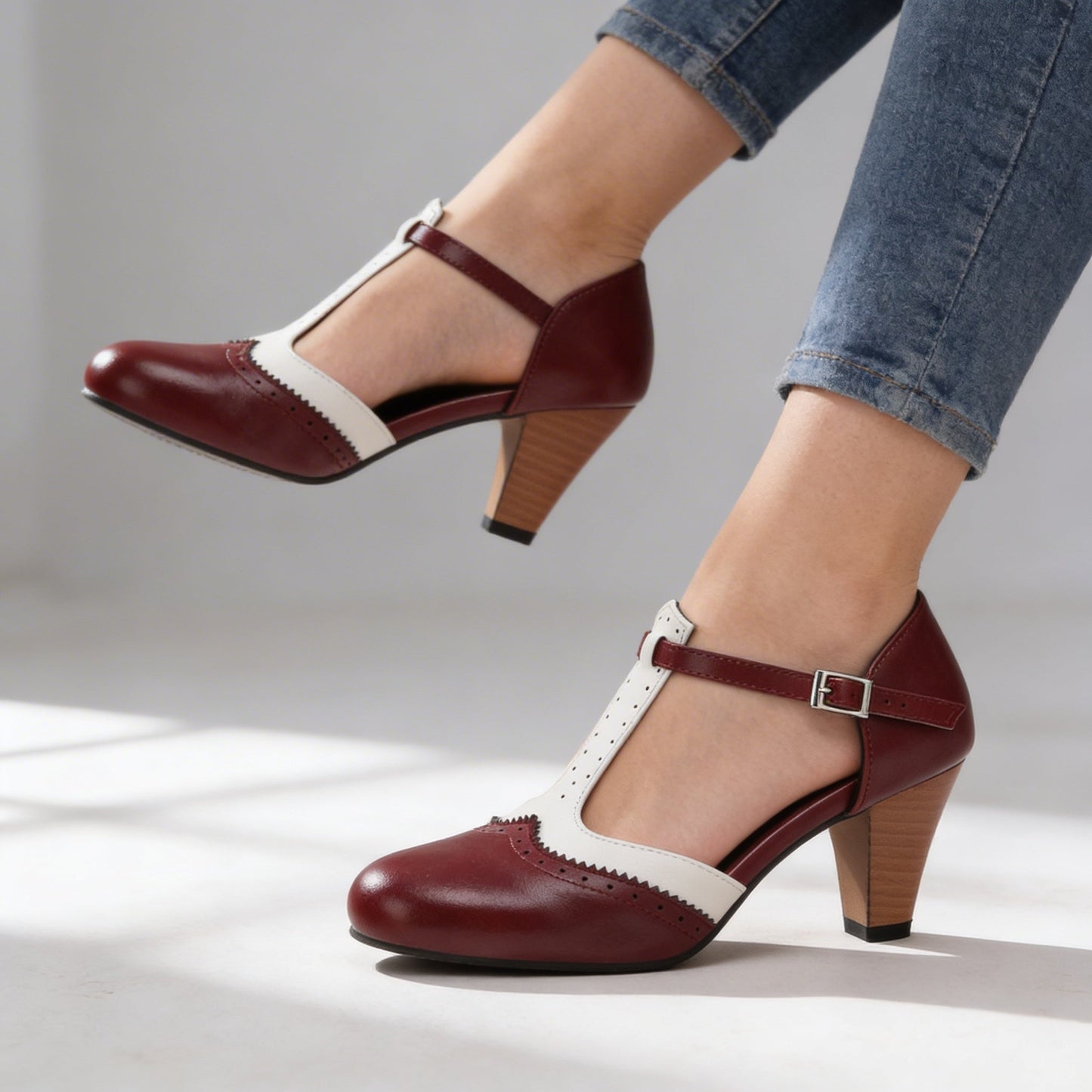 Women's Leather Brogue Pumps with Adjustable T-Strap Klara