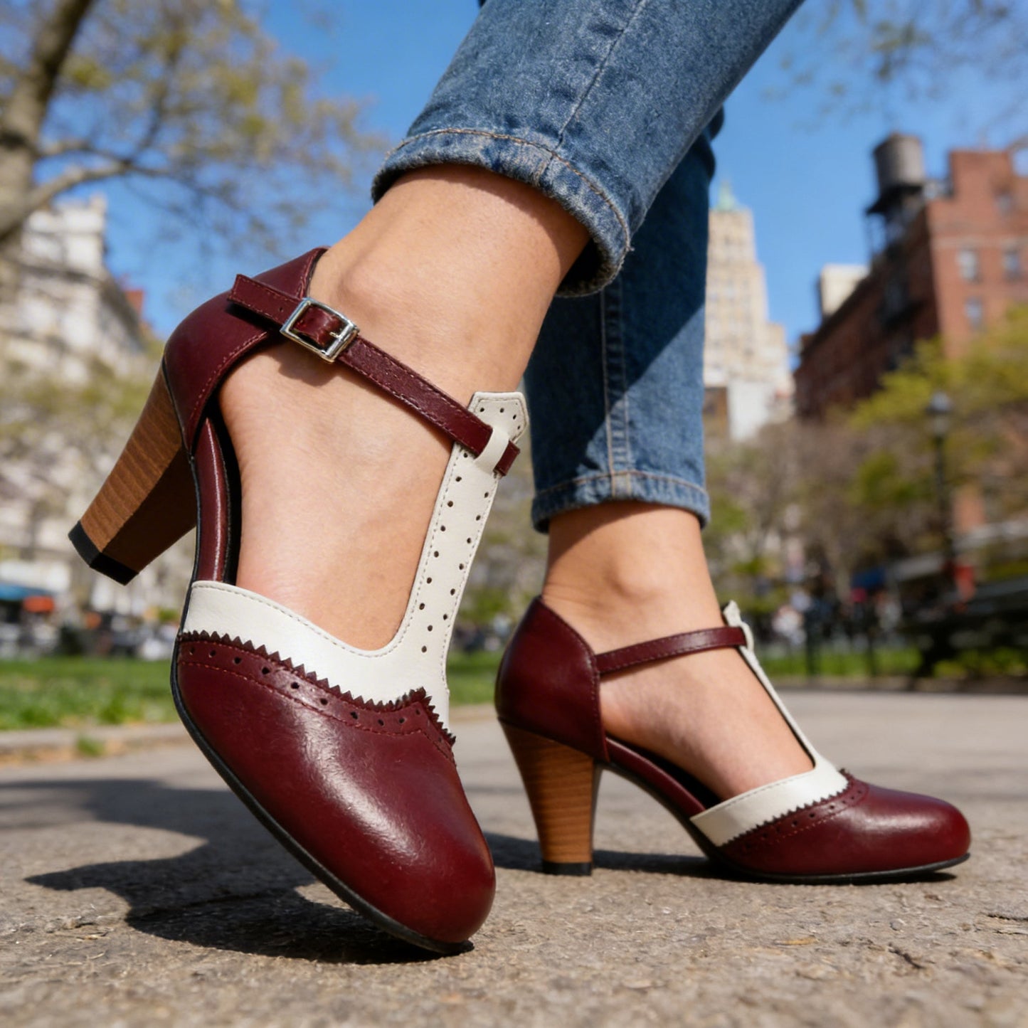 Women's Leather Brogue Pumps with Adjustable T-Strap Klara