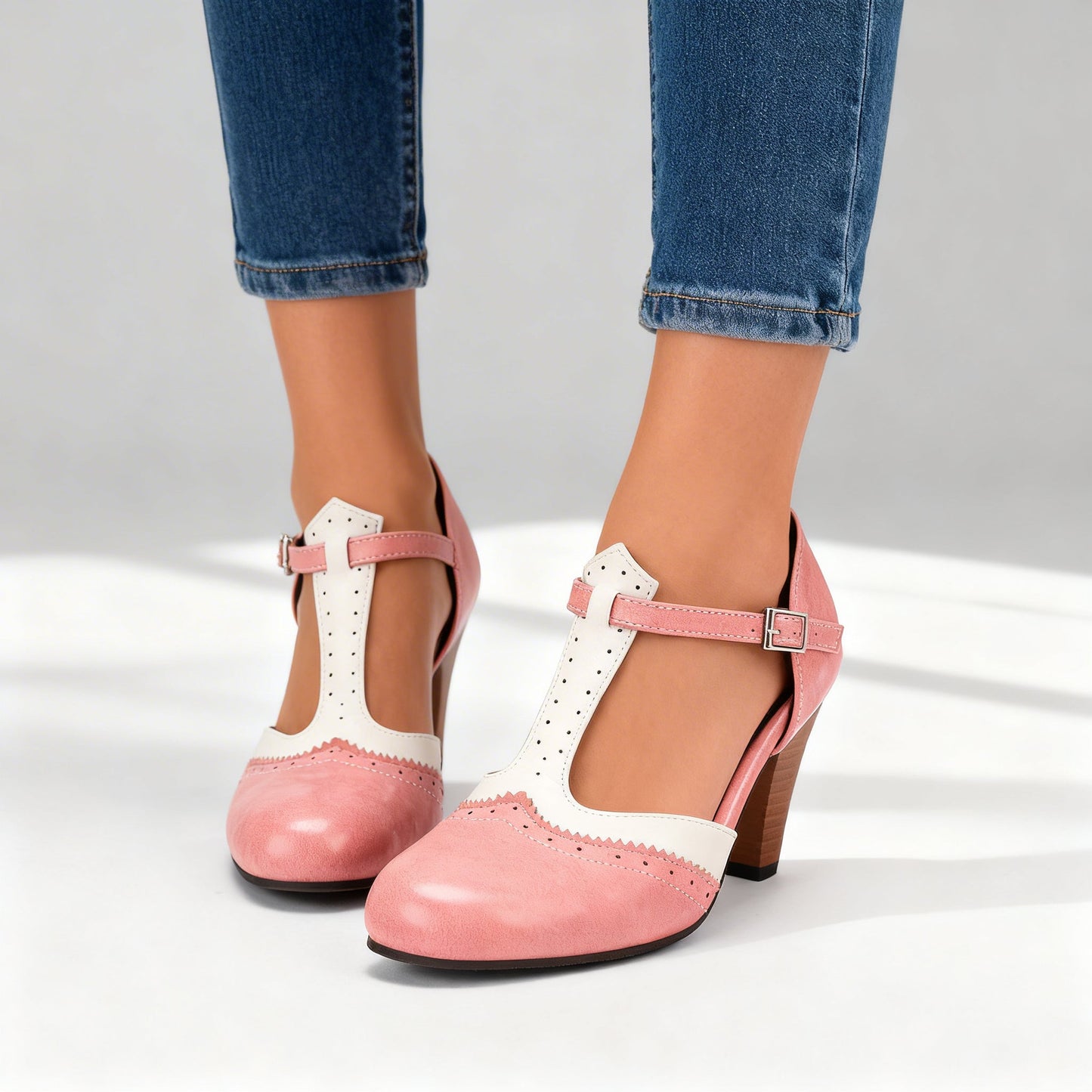 Women's Leather Brogue Pumps with Adjustable T-Strap Klara