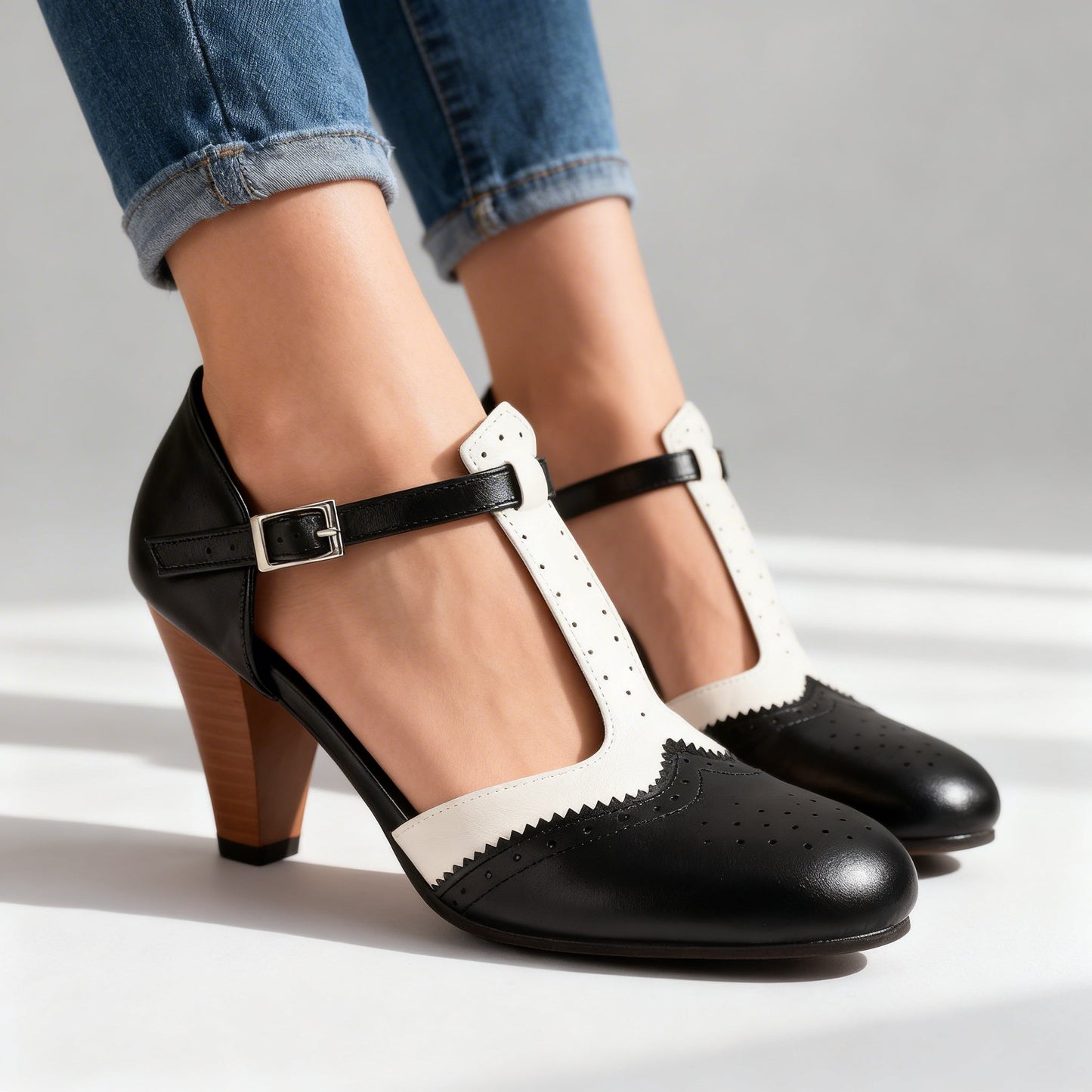 Women's Leather Brogue Pumps with Adjustable T-Strap Klara