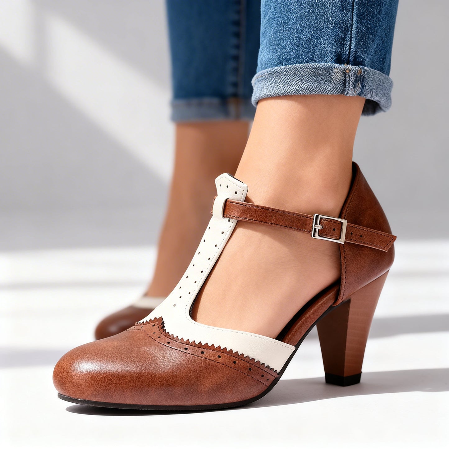 Women's Leather Brogue Pumps with Adjustable T-Strap Klara