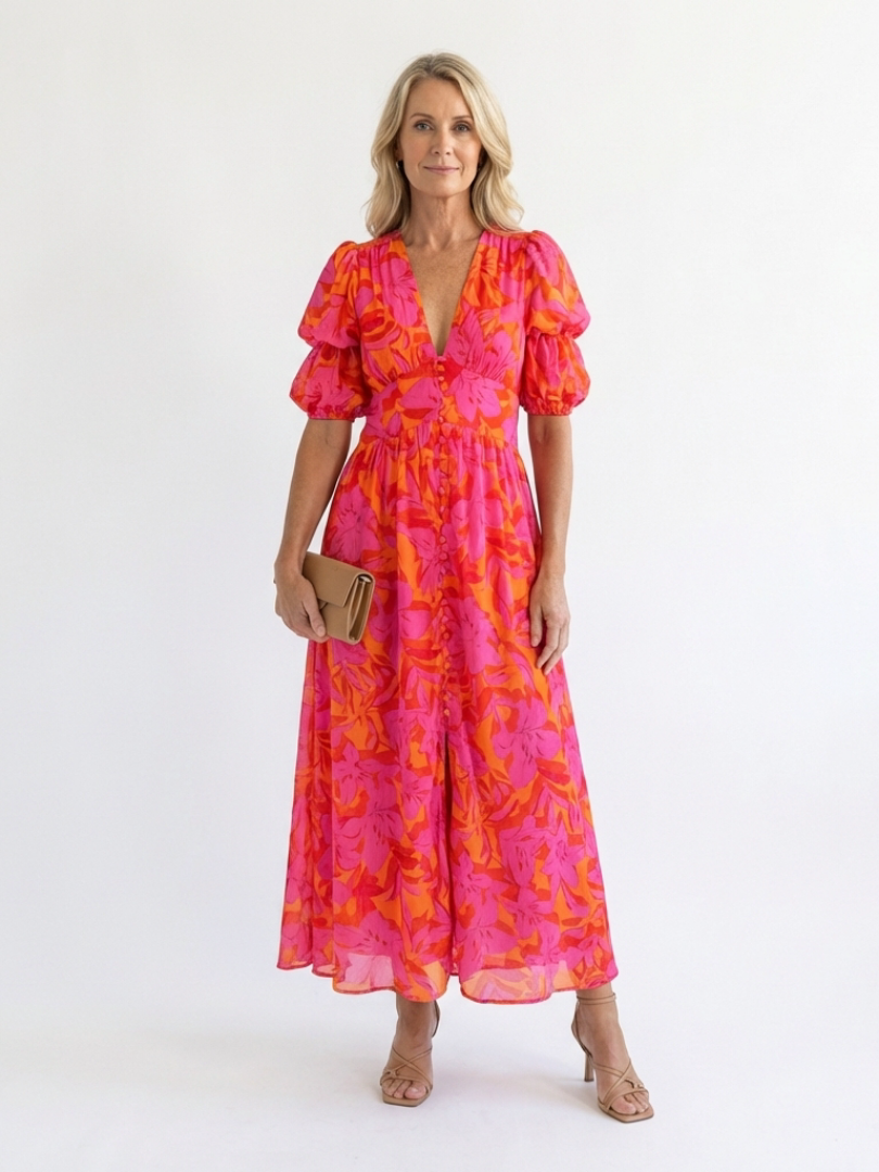 Women's Lightweight Puff Sleeve Midi Dress Klara