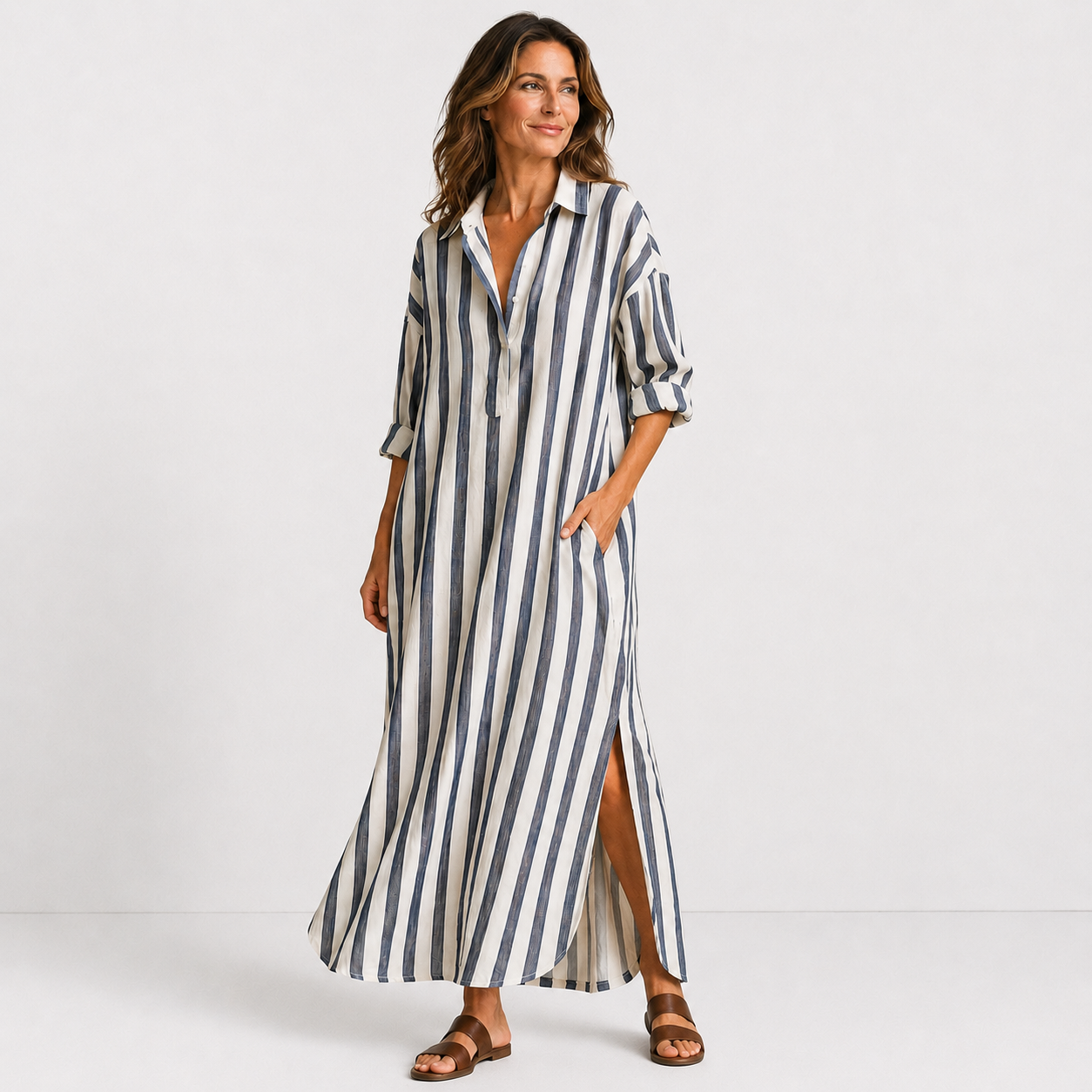 Women's Lightweight Striped Long Shirt Dress Klara