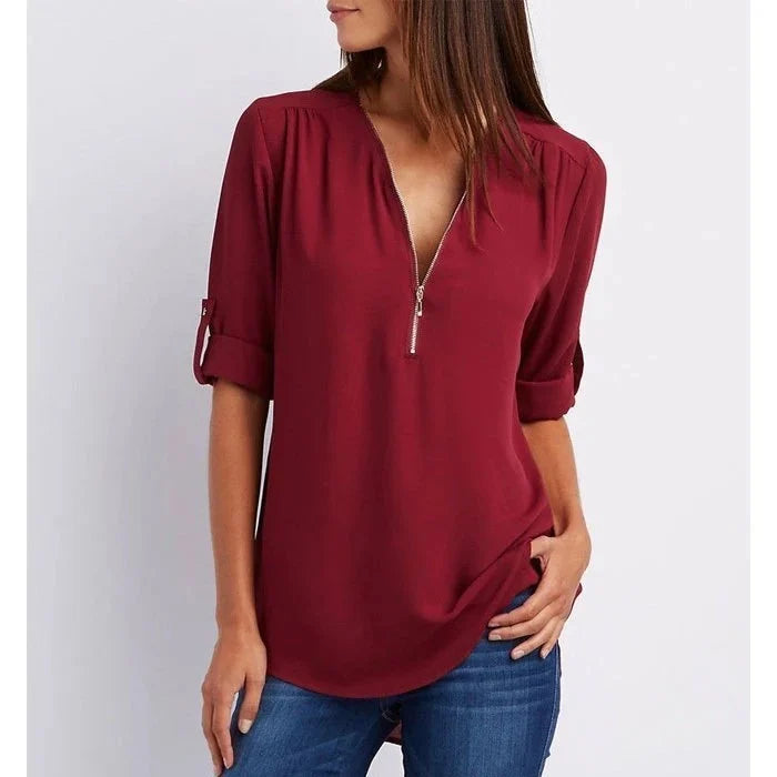 Women's Loose Fit 3/4 Sleeve Zipper Blouse Klara