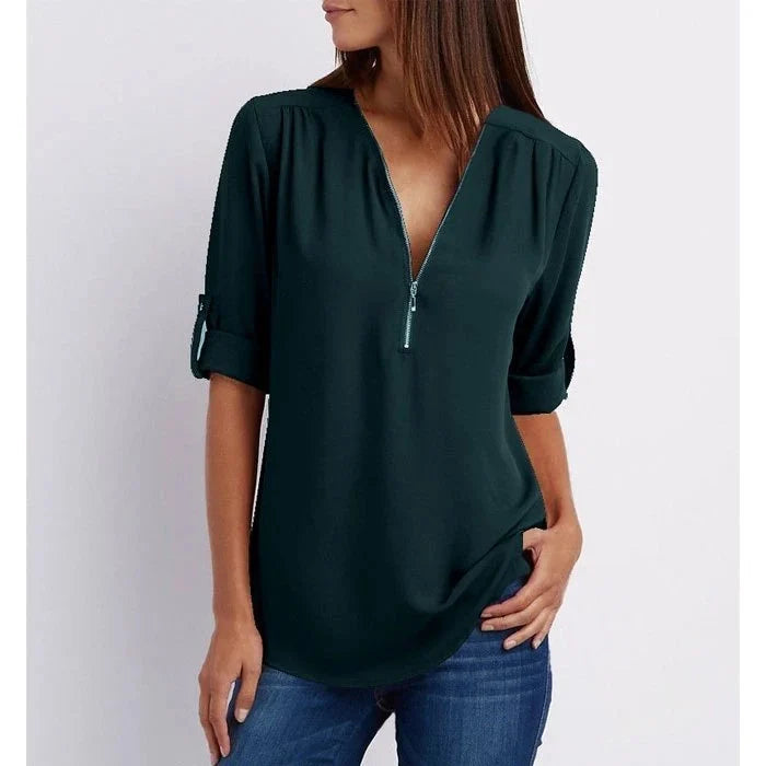 Women's Loose Fit 3/4 Sleeve Zipper Blouse Klara