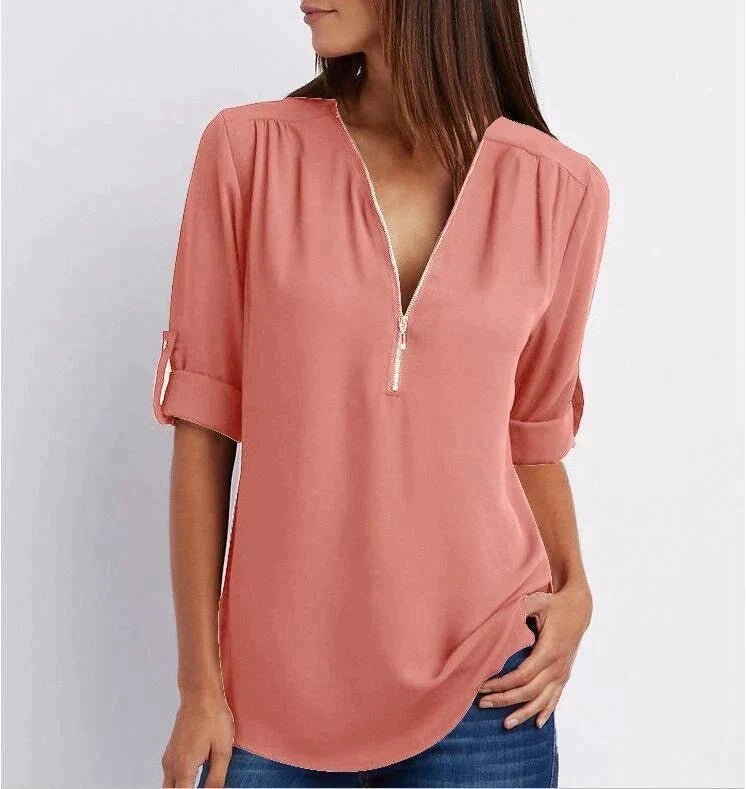 Women's Loose Fit 3/4 Sleeve Zipper Blouse Klara