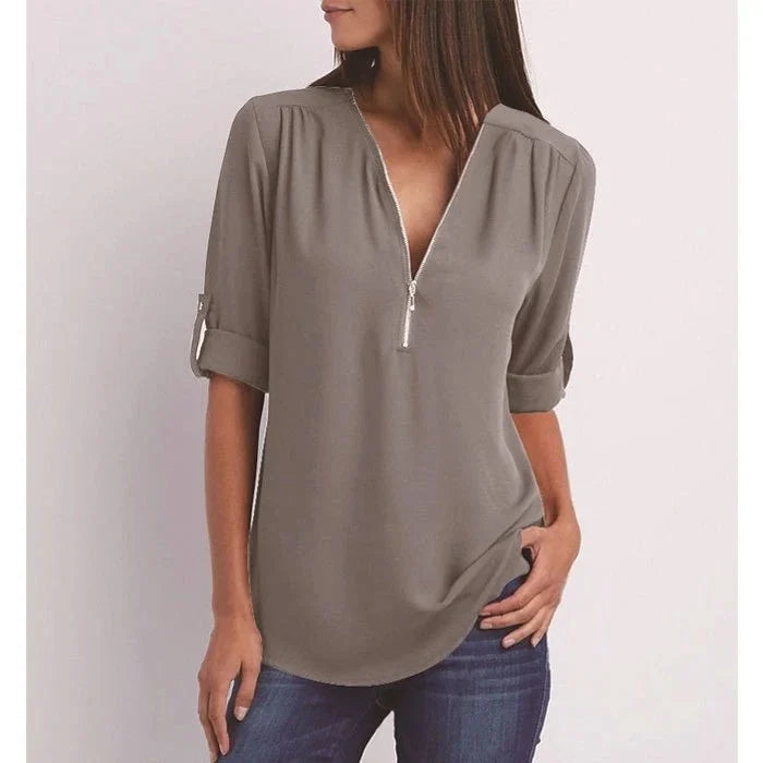 Women's Loose Fit 3/4 Sleeve Zipper Blouse Klara