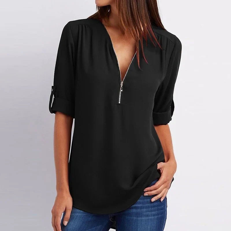 Women's Loose Fit 3/4 Sleeve Zipper Blouse Klara