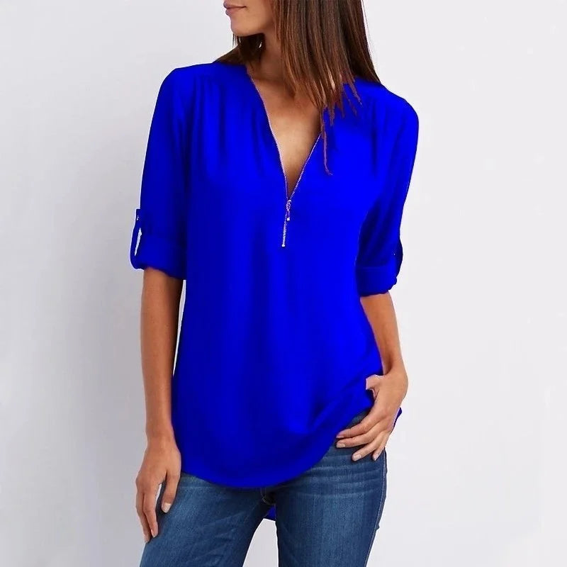 Women's Loose Fit 3/4 Sleeve Zipper Blouse Klara