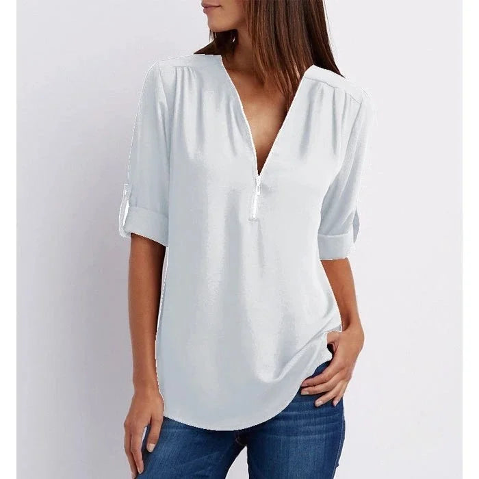 Women's Loose Fit 3/4 Sleeve Zipper Blouse Klara