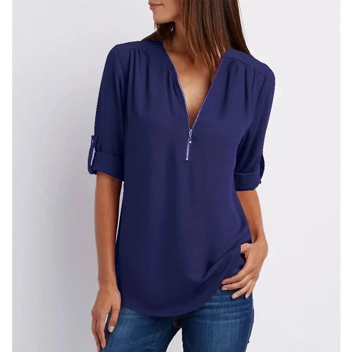 Women's Loose Fit 3/4 Sleeve Zipper Blouse Klara