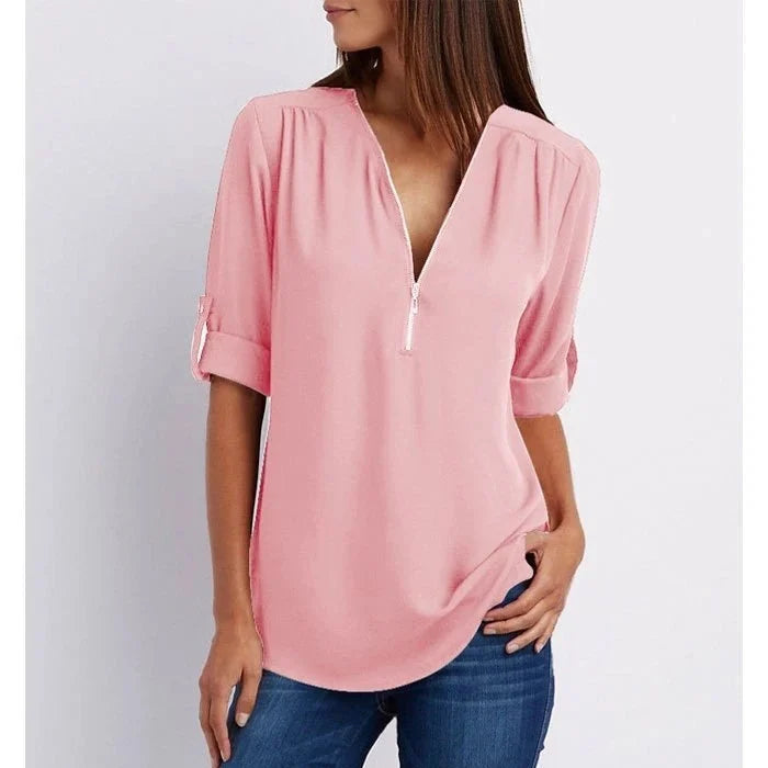 Women's Loose Fit 3/4 Sleeve Zipper Blouse Klara