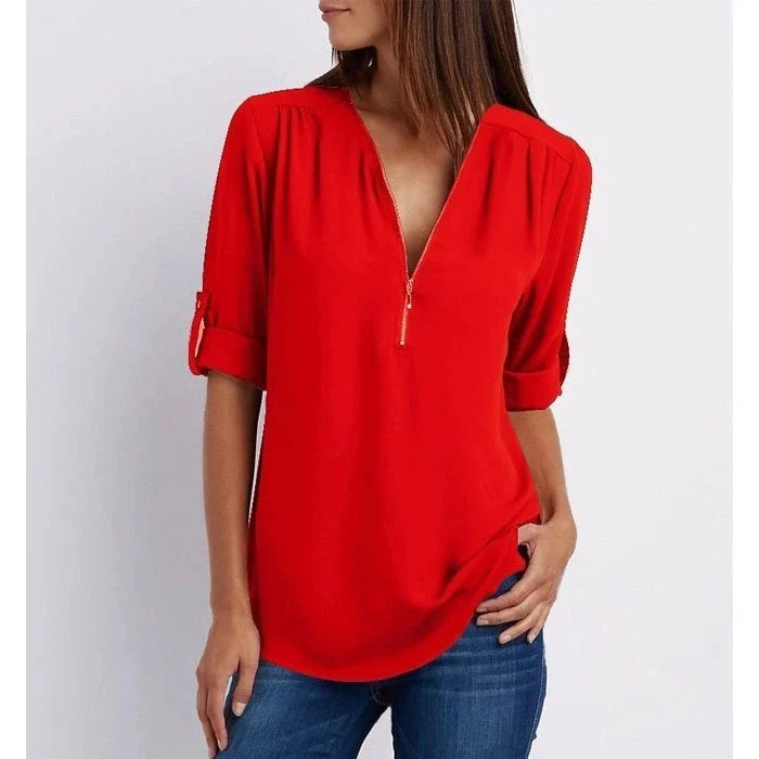 Women's Loose Fit 3/4 Sleeve Zipper Blouse Klara