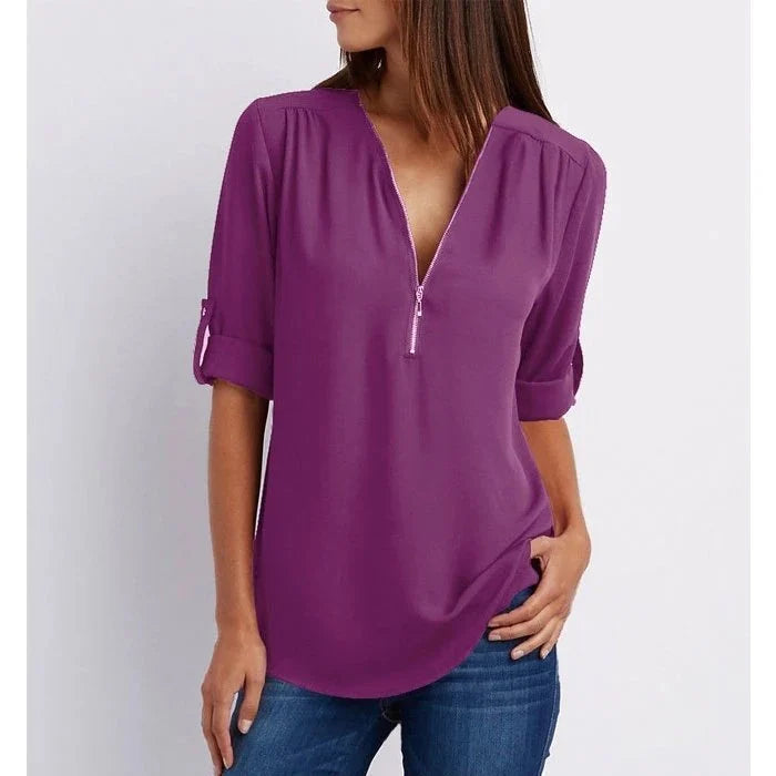 Women's Loose Fit 3/4 Sleeve Zipper Blouse Klara