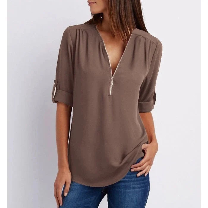 Women's Loose Fit 3/4 Sleeve Zipper Blouse Klara
