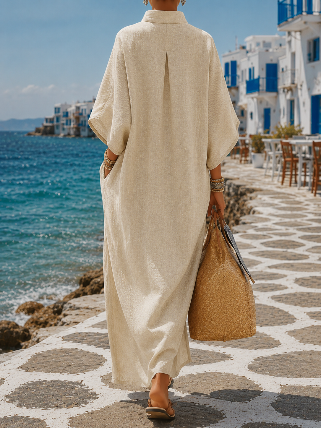 Women's Natural Linen Loose Fit Midi Dress Klara
