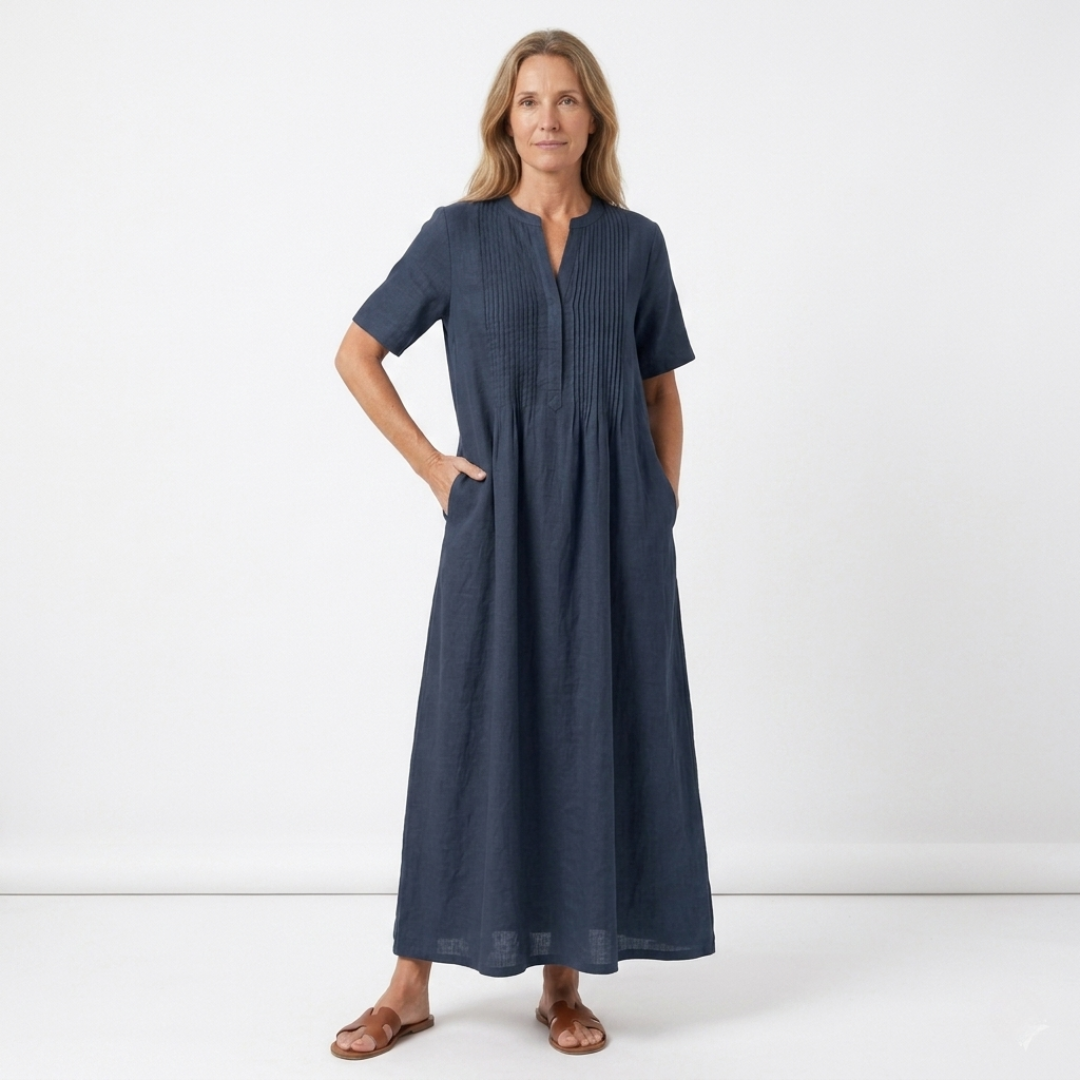Women's Pleated Cotton Linen Midi Dress Klara