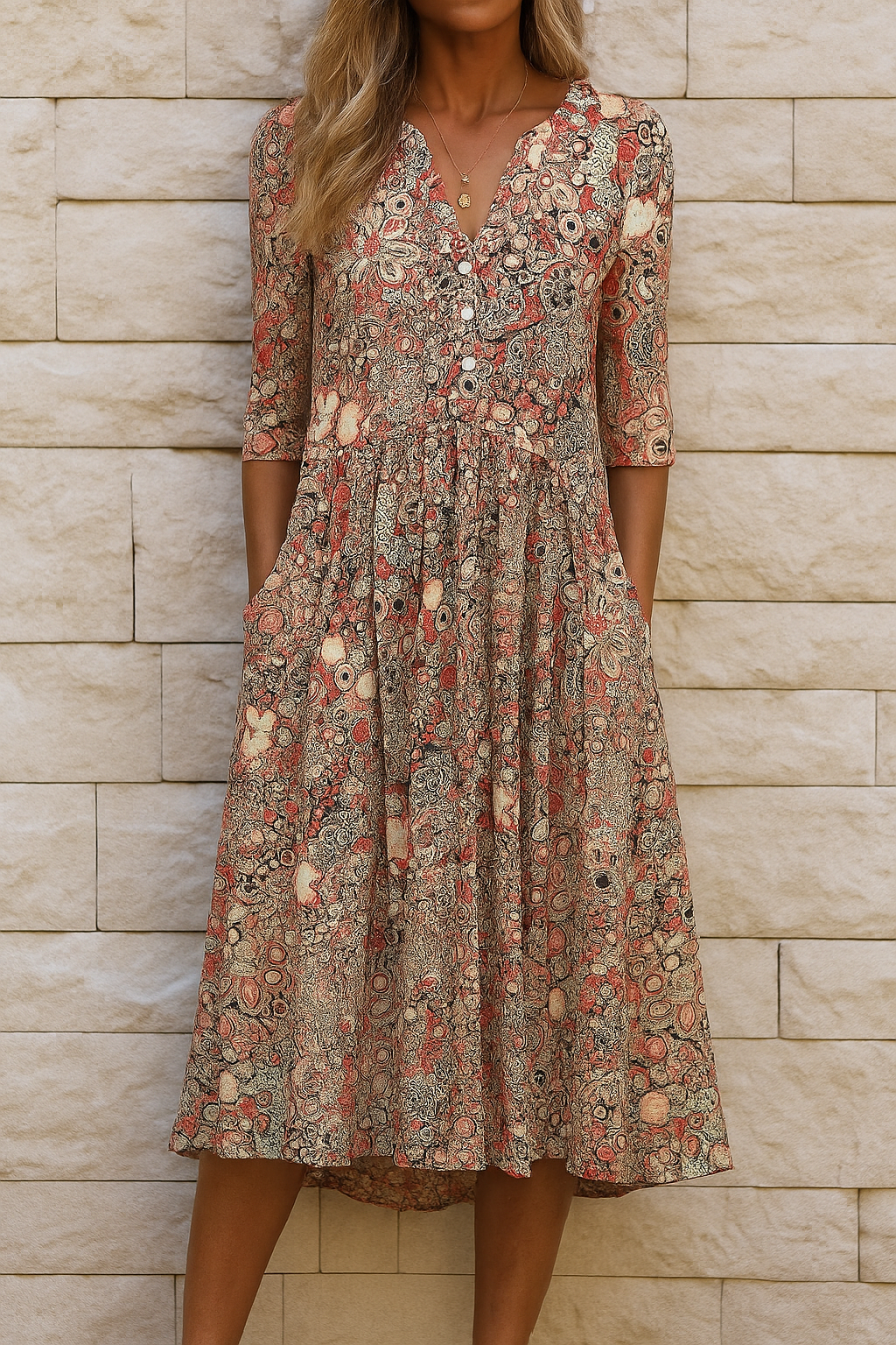 Women's Printed V-Neck Midi Dress Klara