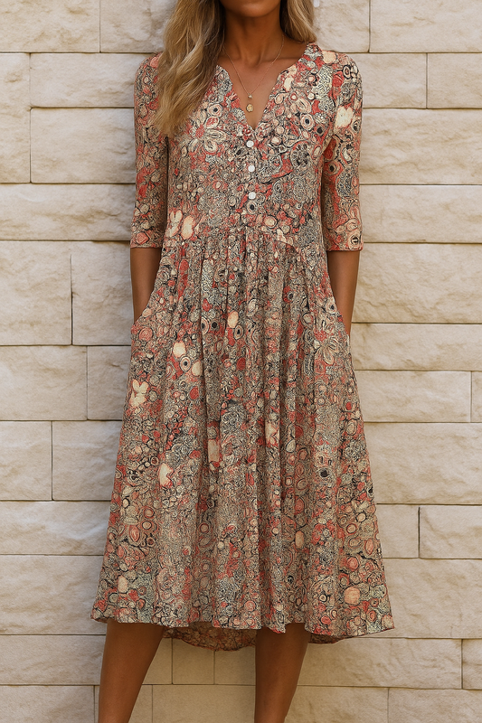 Women's Printed V-Neck Midi Dress Klara