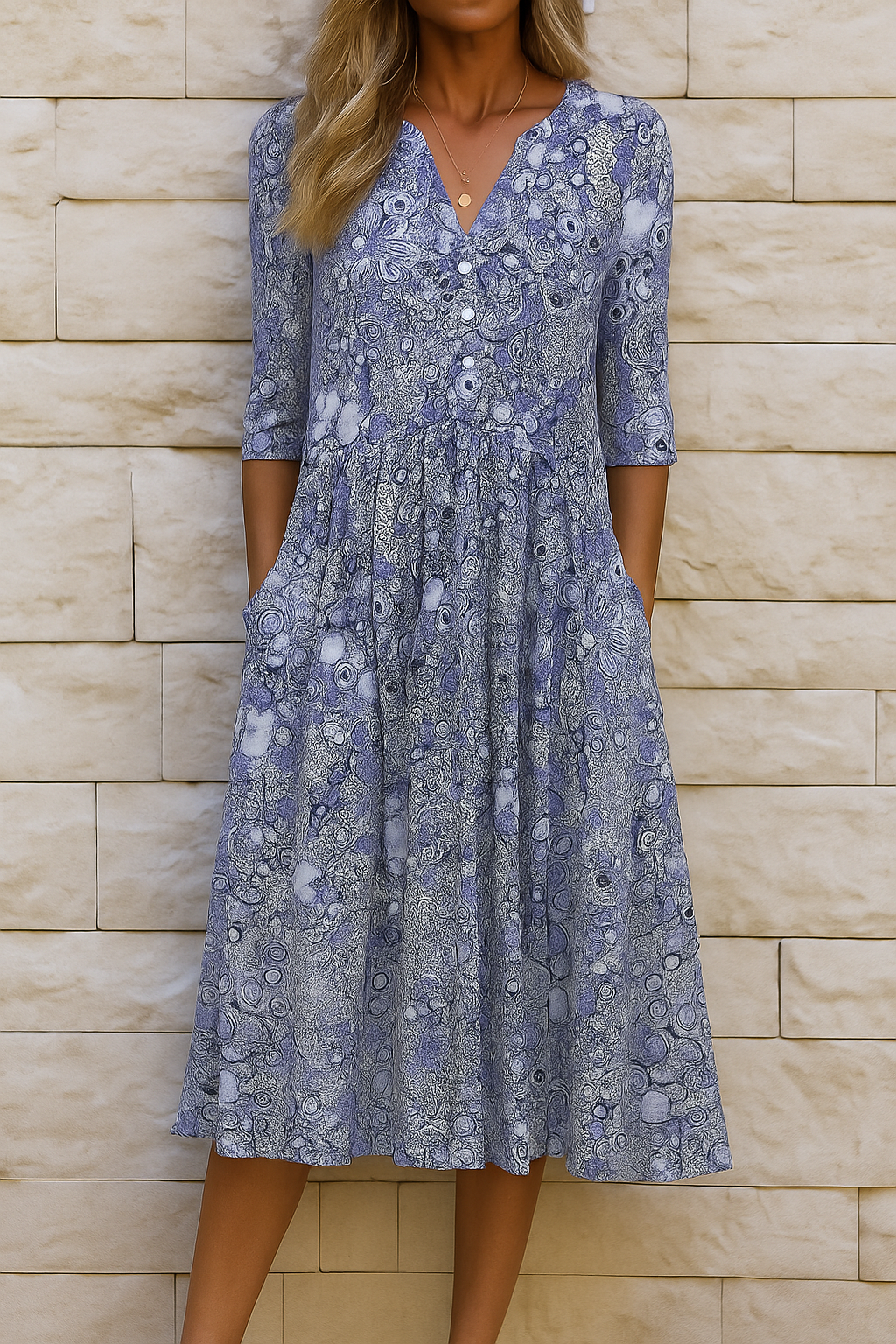 Women's Printed V-Neck Midi Dress Klara