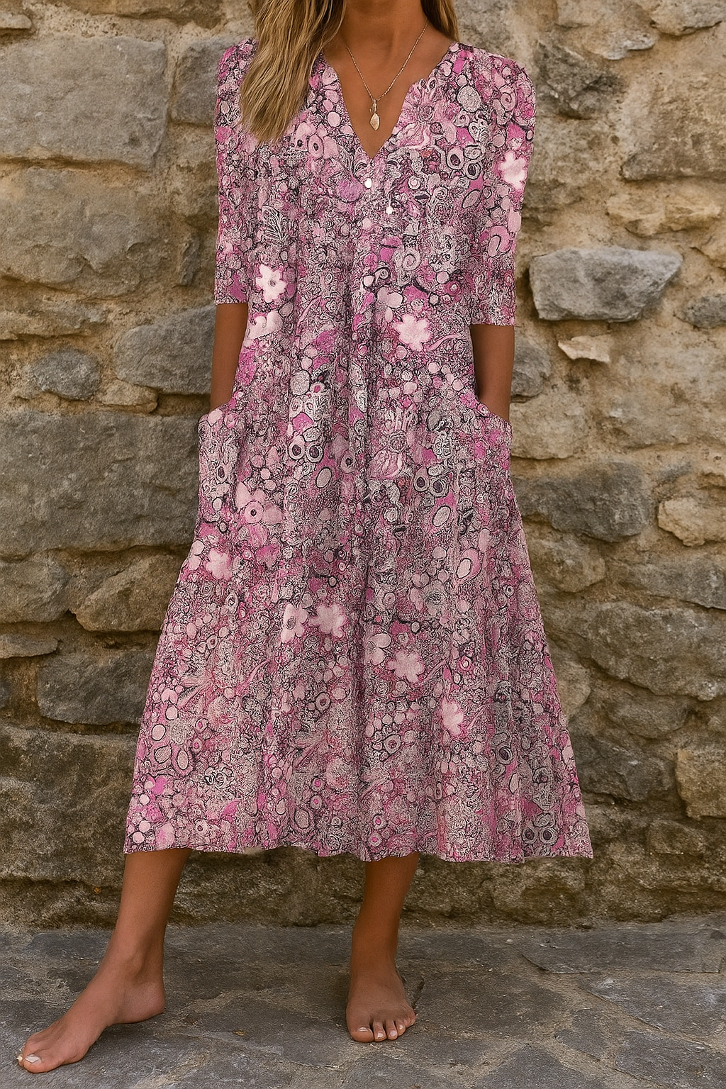 Women's Printed V-Neck Midi Dress Klara