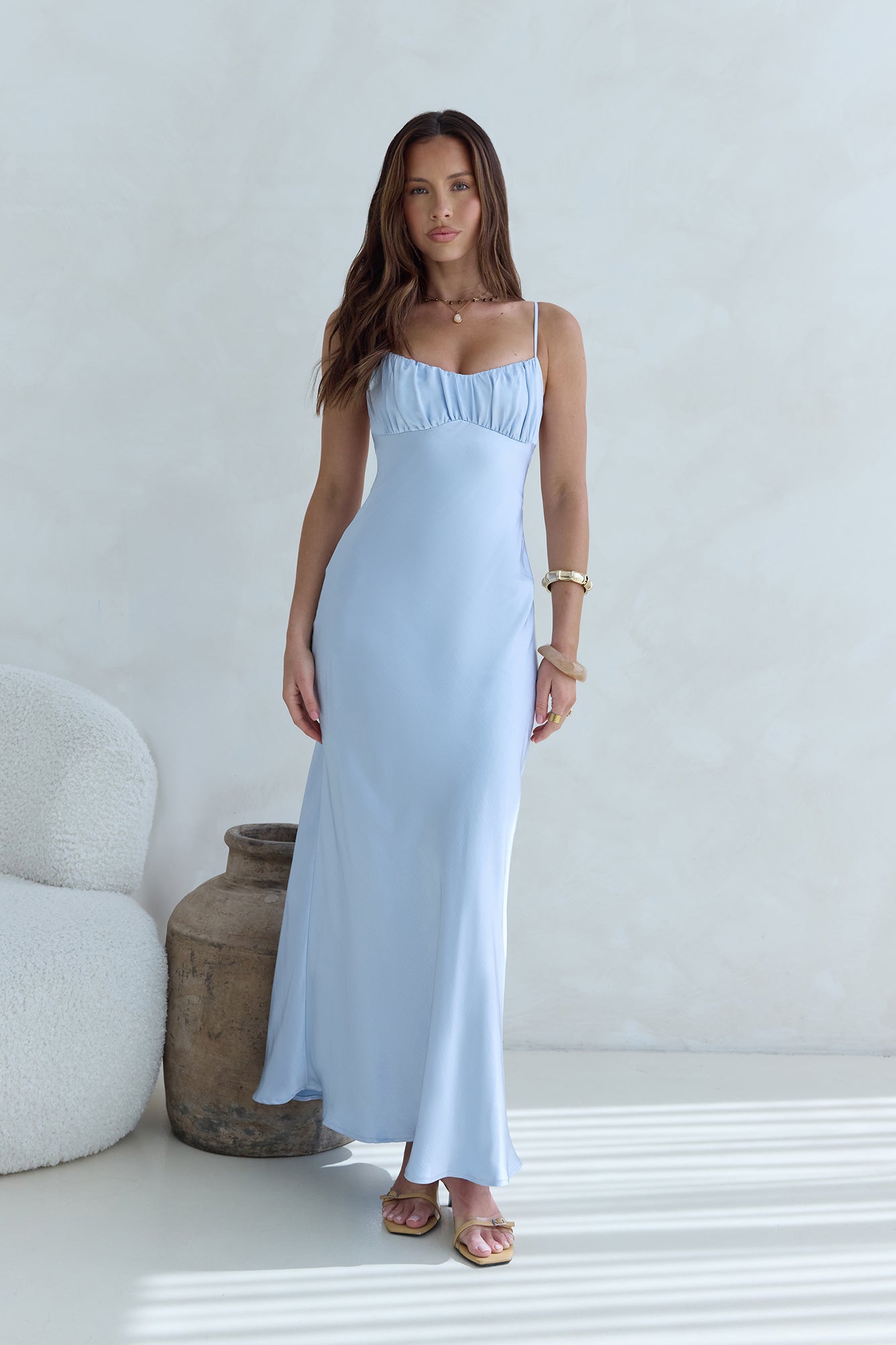 Women's Ruched Open Back Satin Maxi Dress Klara