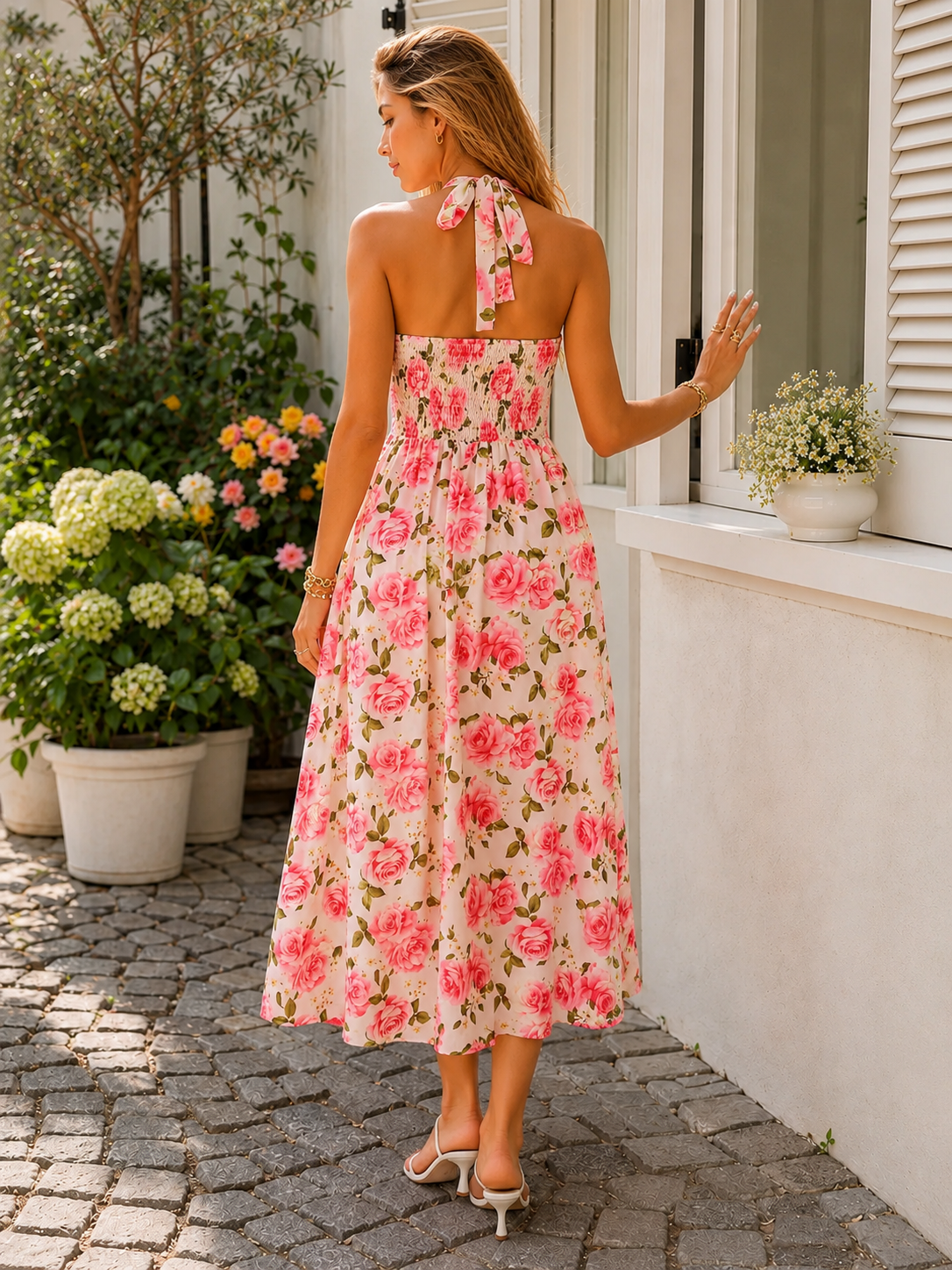 Women's Smocked Tie Detail Midi Dress Klara