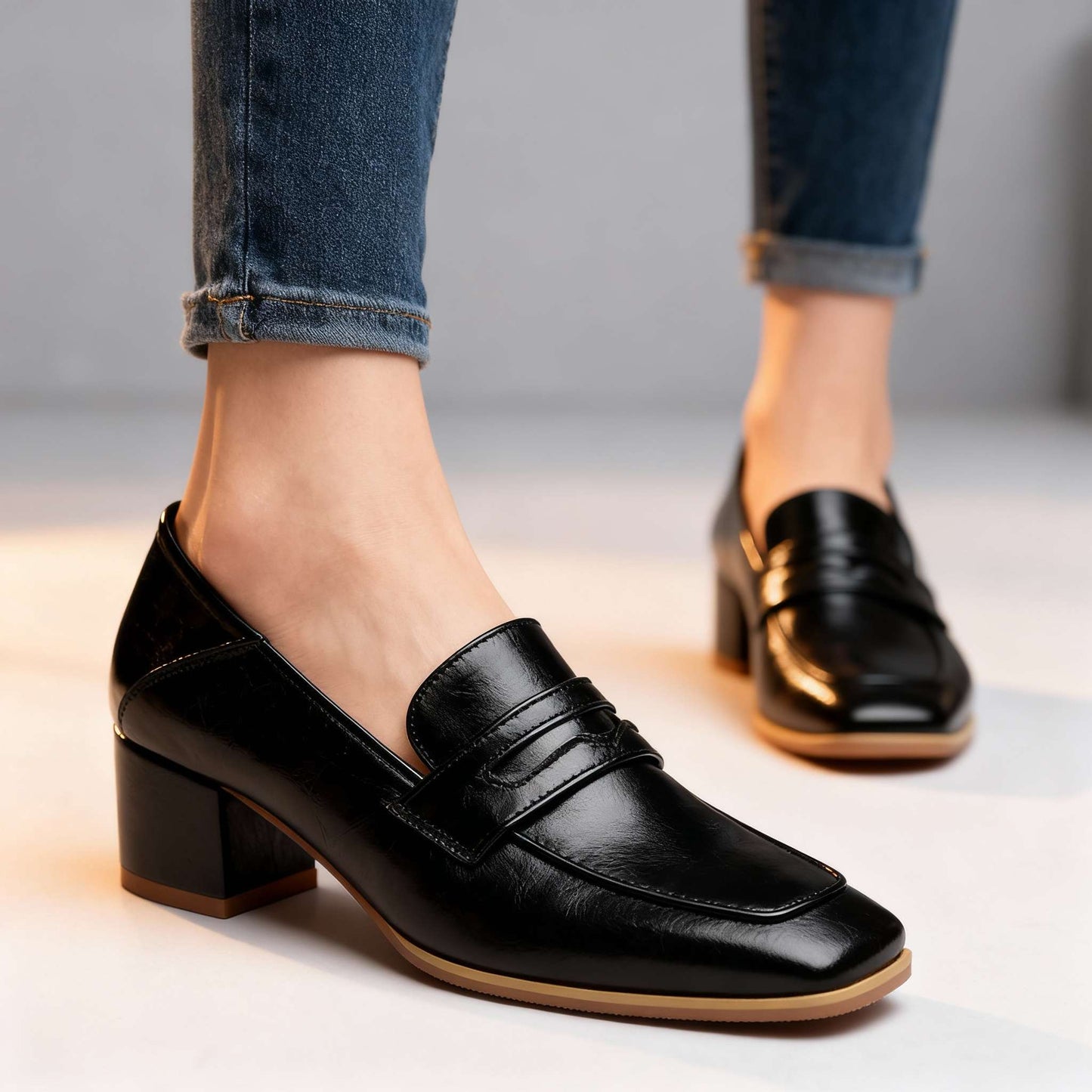 Women's Smooth Leather Penny Loafers with Block Heel Klara