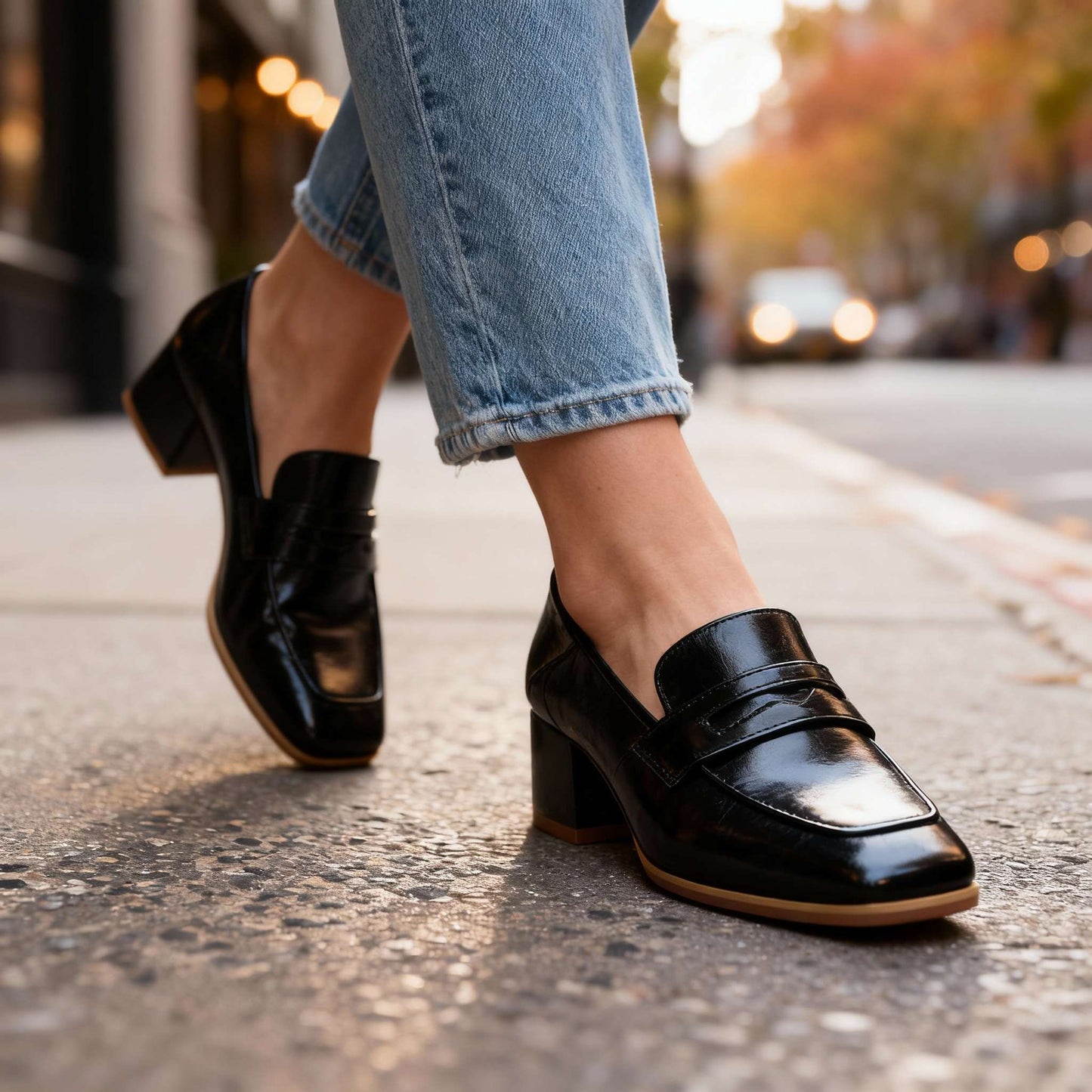 Women's Smooth Leather Penny Loafers with Block Heel Klara