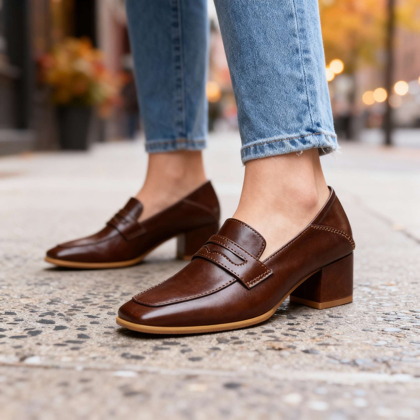 Women's Smooth Leather Penny Loafers with Block Heel Klara