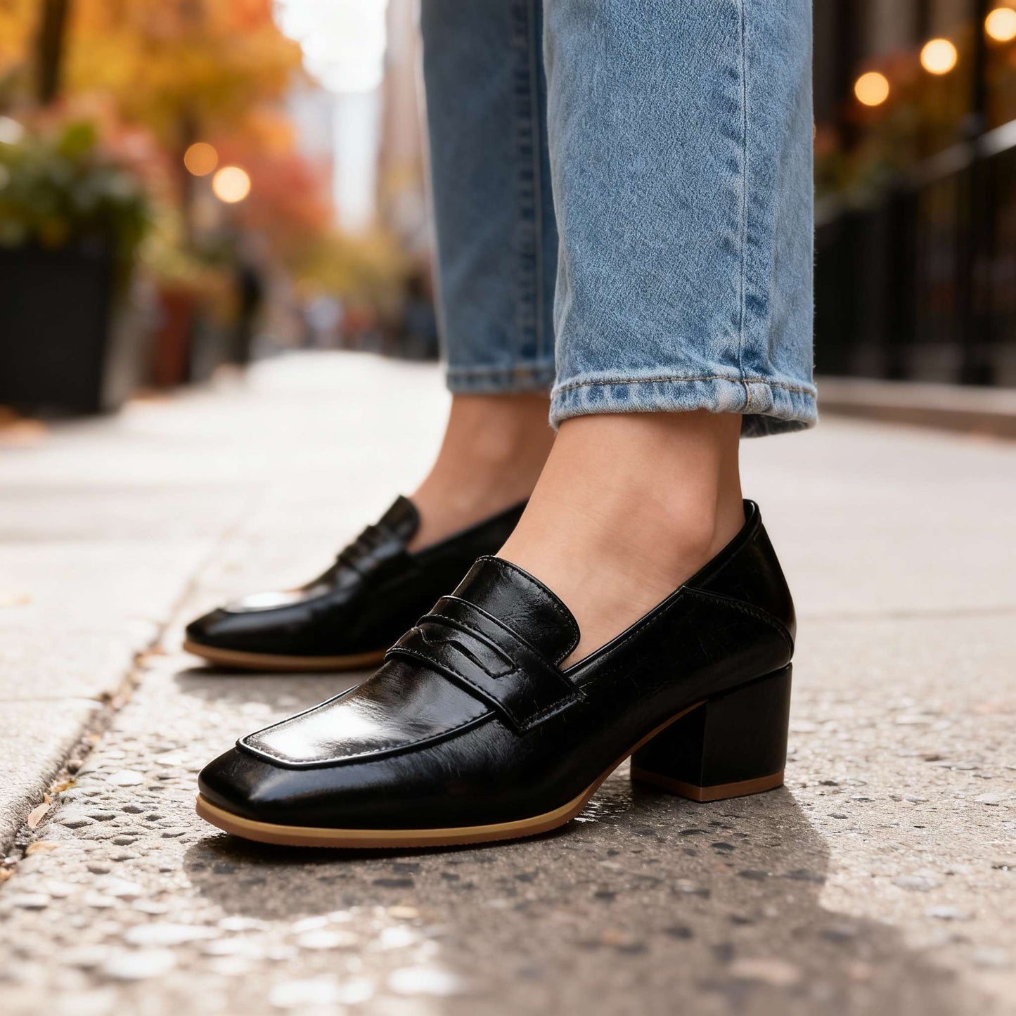 Women's Smooth Leather Penny Loafers with Block Heel Klara