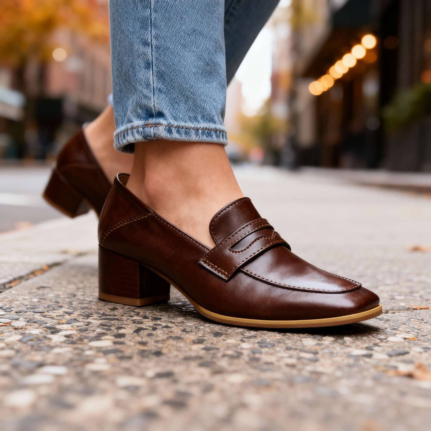 Women's Smooth Leather Penny Loafers with Block Heel Klara
