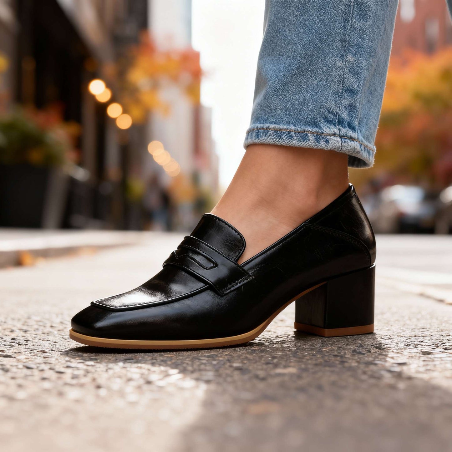 Women's Smooth Leather Penny Loafers with Block Heel Klara
