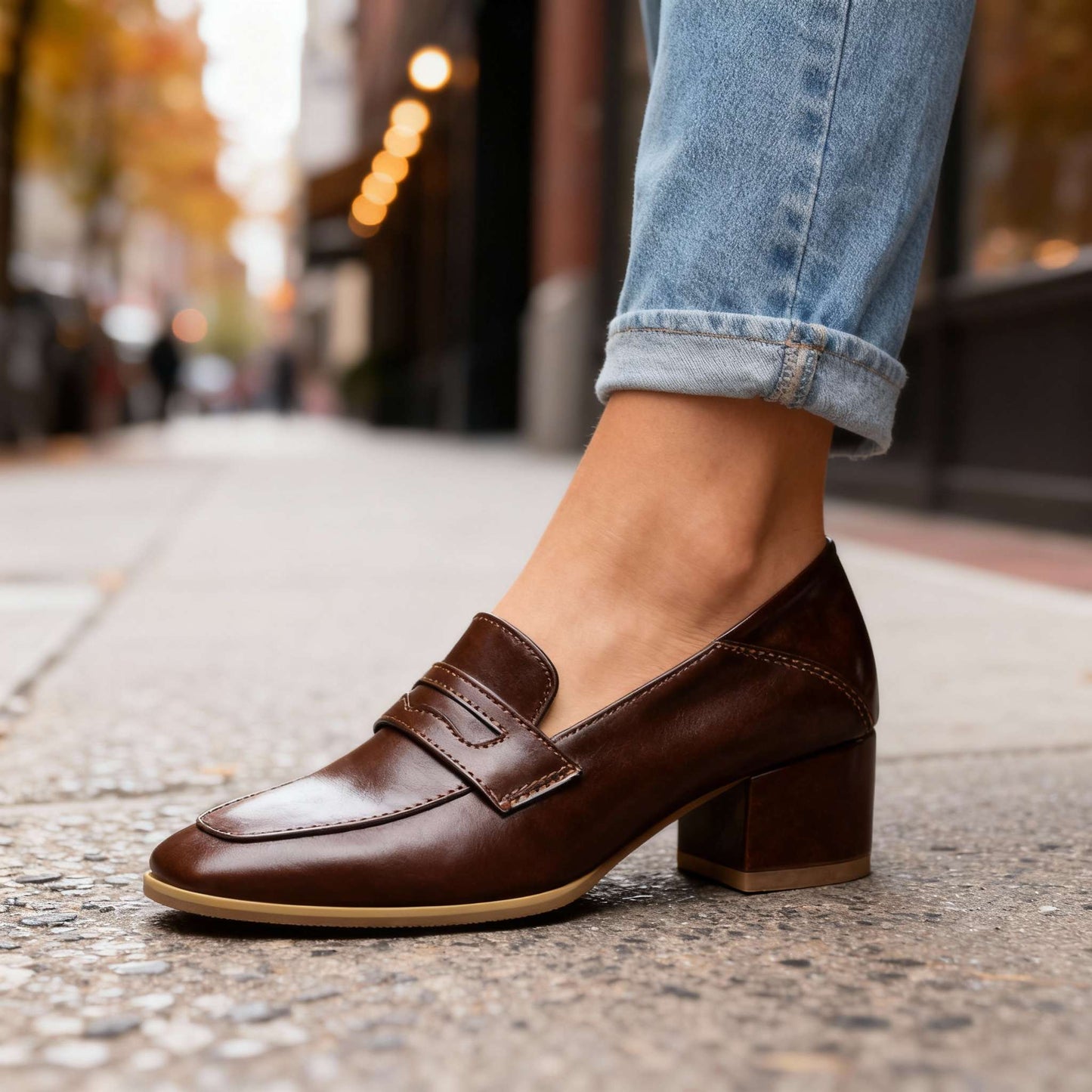 Women's Smooth Leather Penny Loafers with Block Heel Klara