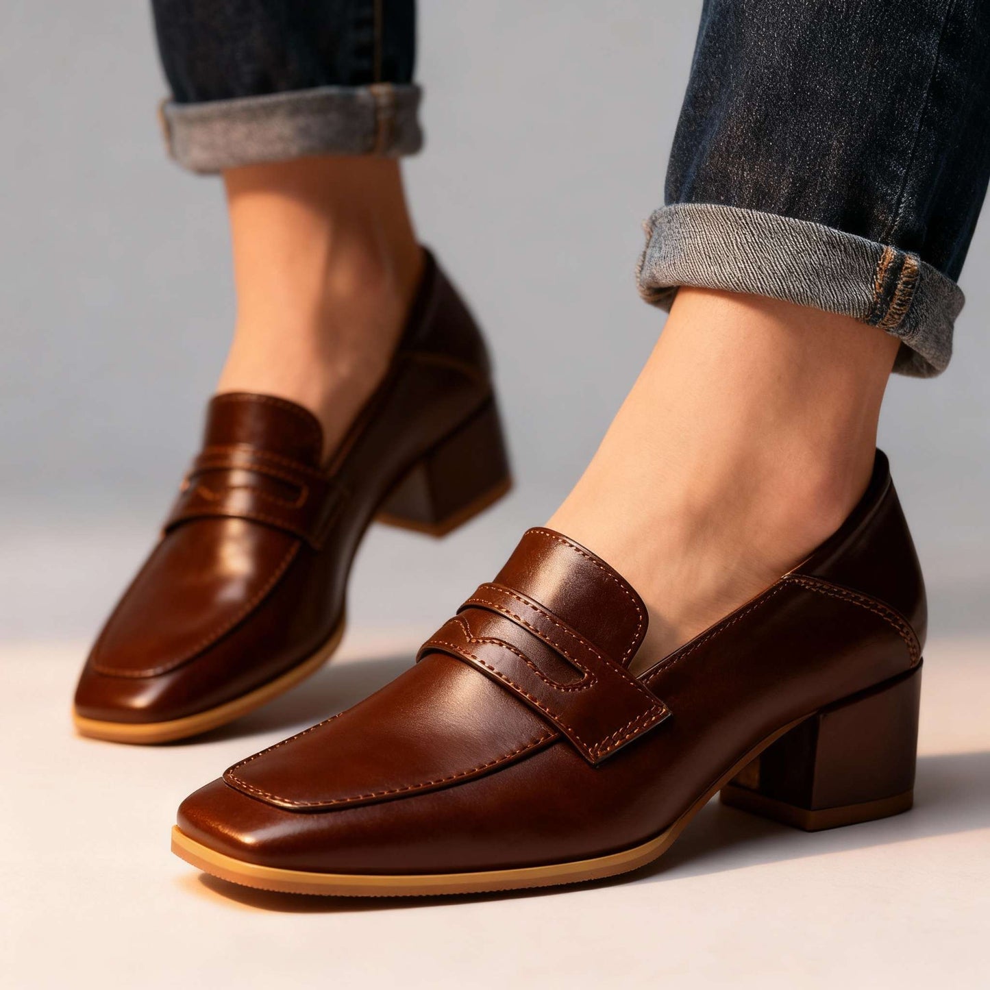 Women's Smooth Leather Penny Loafers with Block Heel Klara