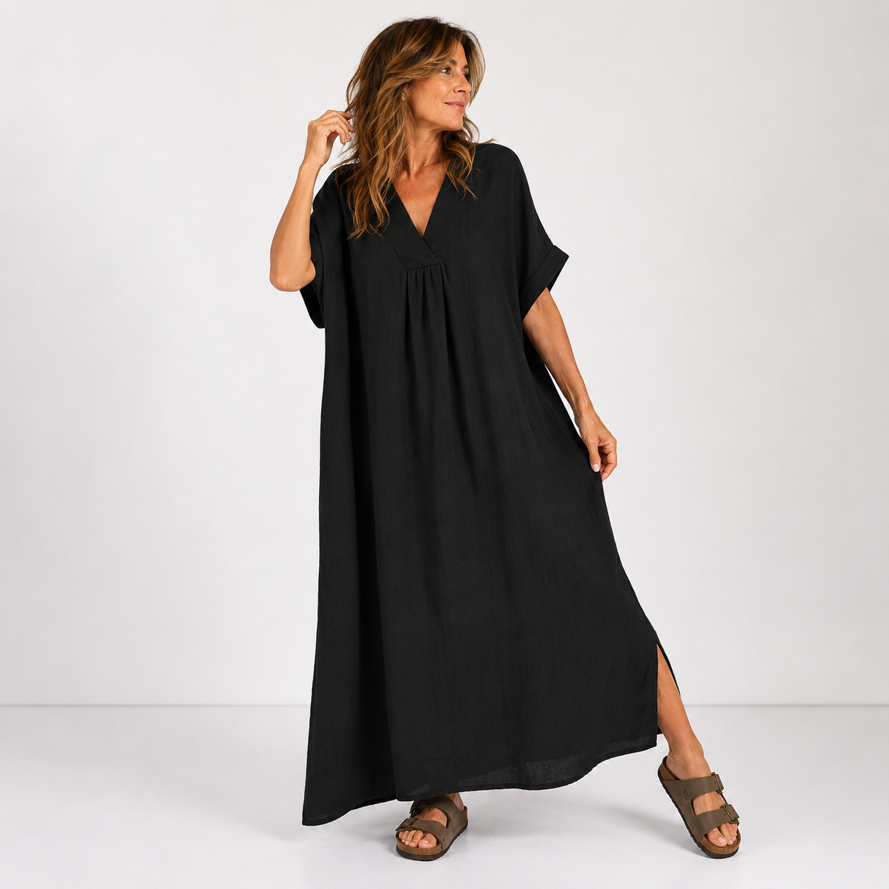 Women's Soft Cotton Flowy V-Neck Dress Klara