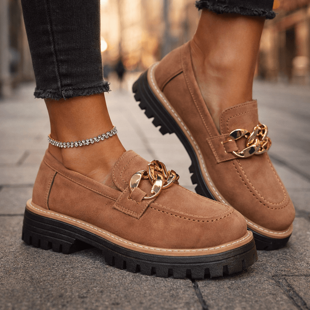 Women's Soft Suede Loafers with Gold Chain Detail Klara