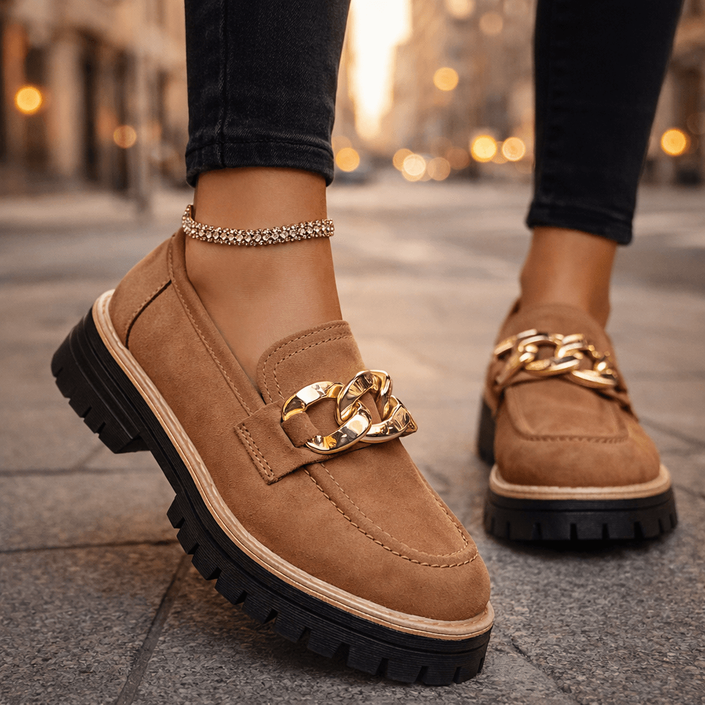 Women's Soft Suede Loafers with Gold Chain Detail Klara
